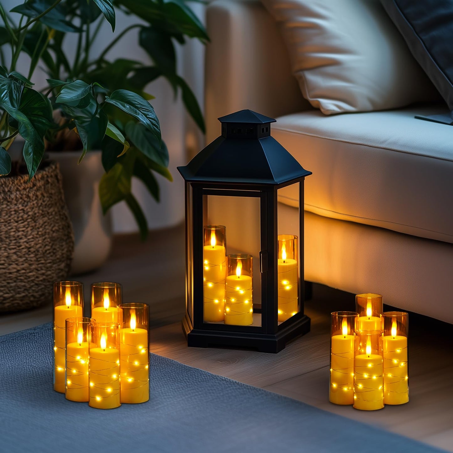 Homemory 12Pcs Flameless Candles with Star String Fairy Lights, Flickering Battery Operated Candles, LED Fake Candles with Remote and Timer, Christmas, Weddings, Home Decor, Gold
