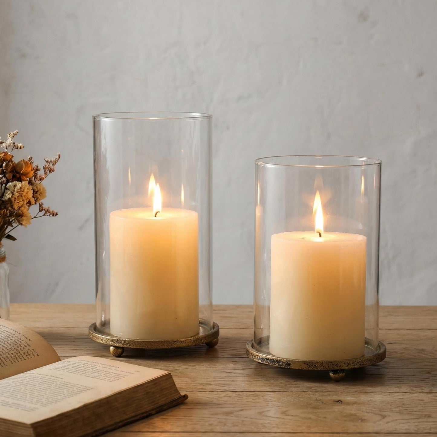 Hurricane Candle Holders Set of 2 - Pillar Candle Stands with Glass Sleeves for Fireplace Mantel & Dining Table Centerpiece Decor (Gold)