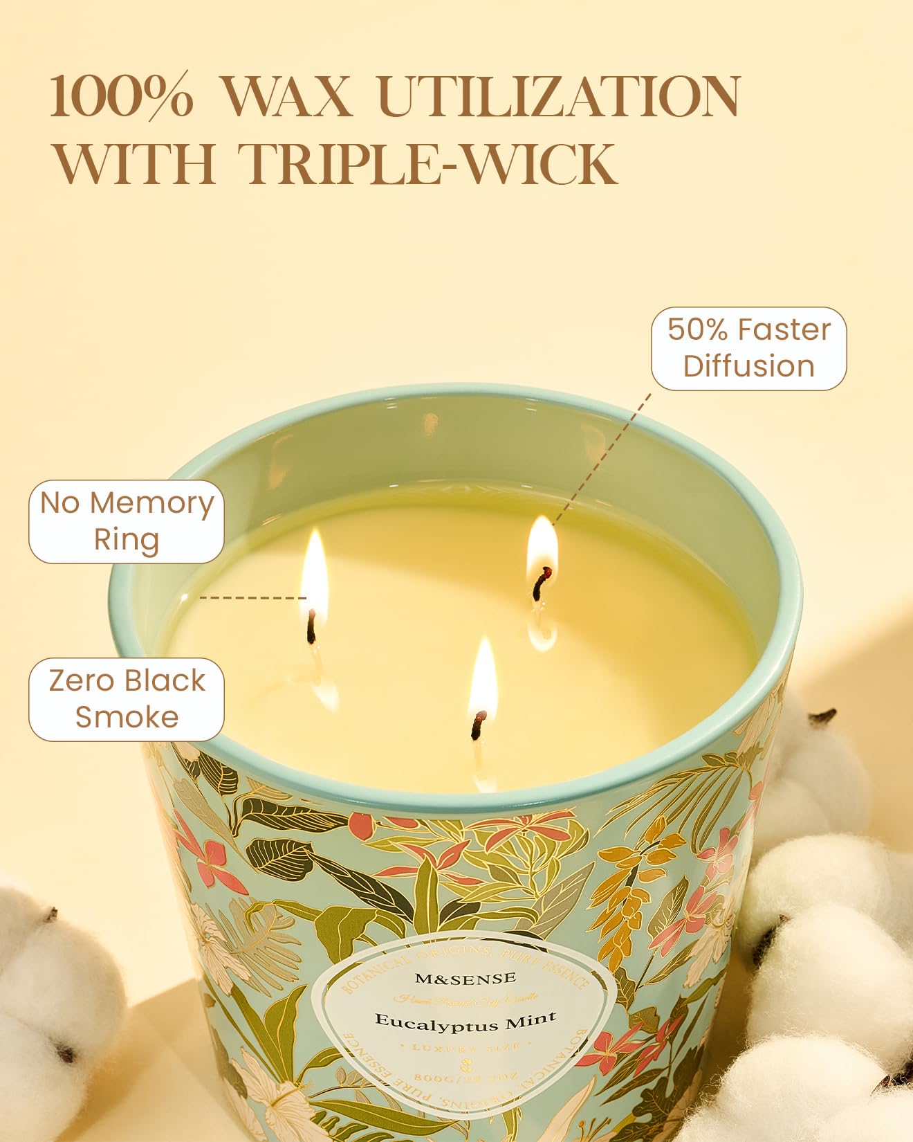 M&SENSE Eucalyptus & Mint Scented Candle, 28.2oz 3 Wick Natural Soy Wax Large Candles, Long Lasting Clean Slow Burning No Toxic Décor for Home Relaxation, Romantic Dates Gift-Giving