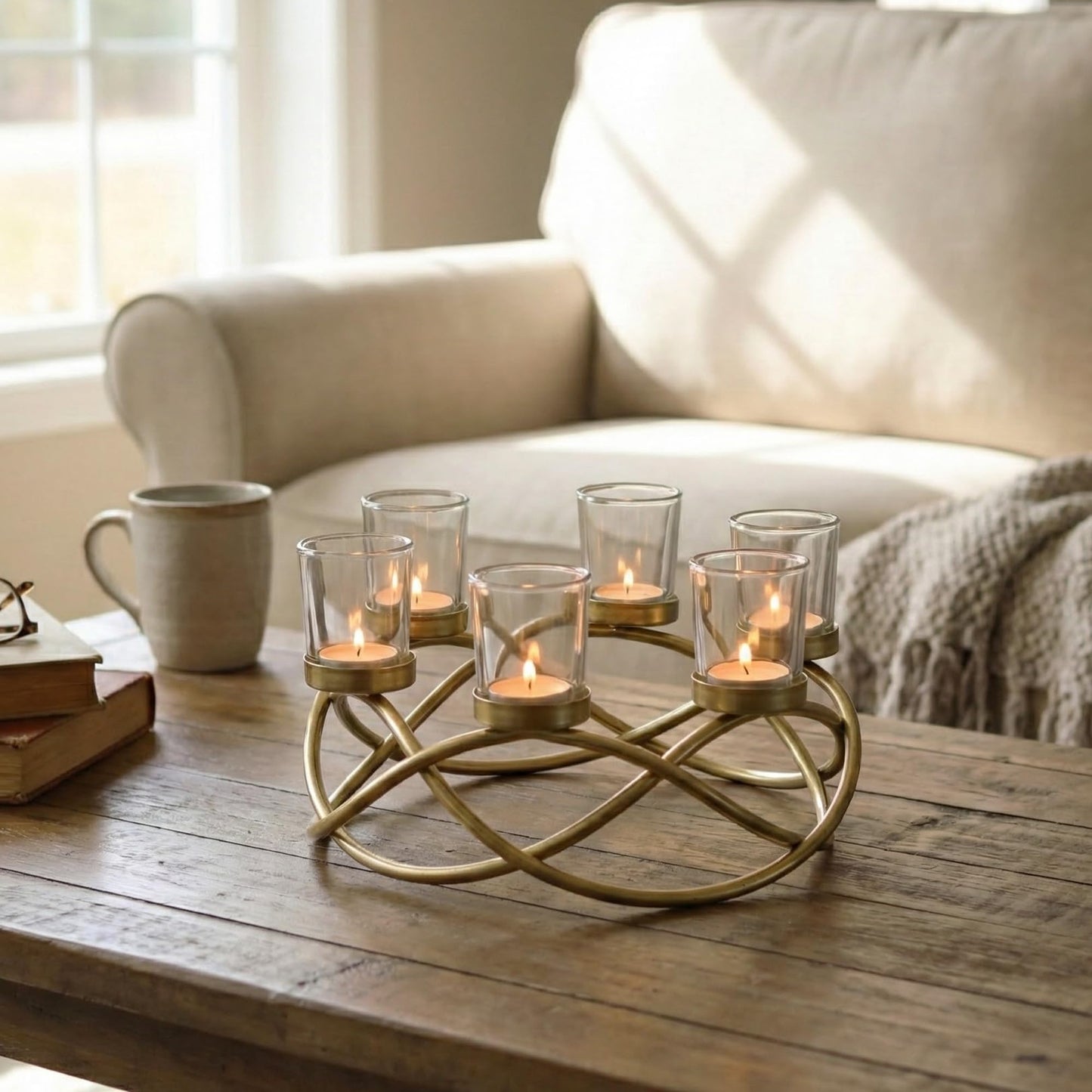 Seraphic Centerpieces for Table Decorations - Round Candle Holders for Outdoor Patio, Dining, Kitchen, Coffee & Wedding Table Decor, Gold Iron Candelabra, 6 Clear Glass Votive Tealight Cups