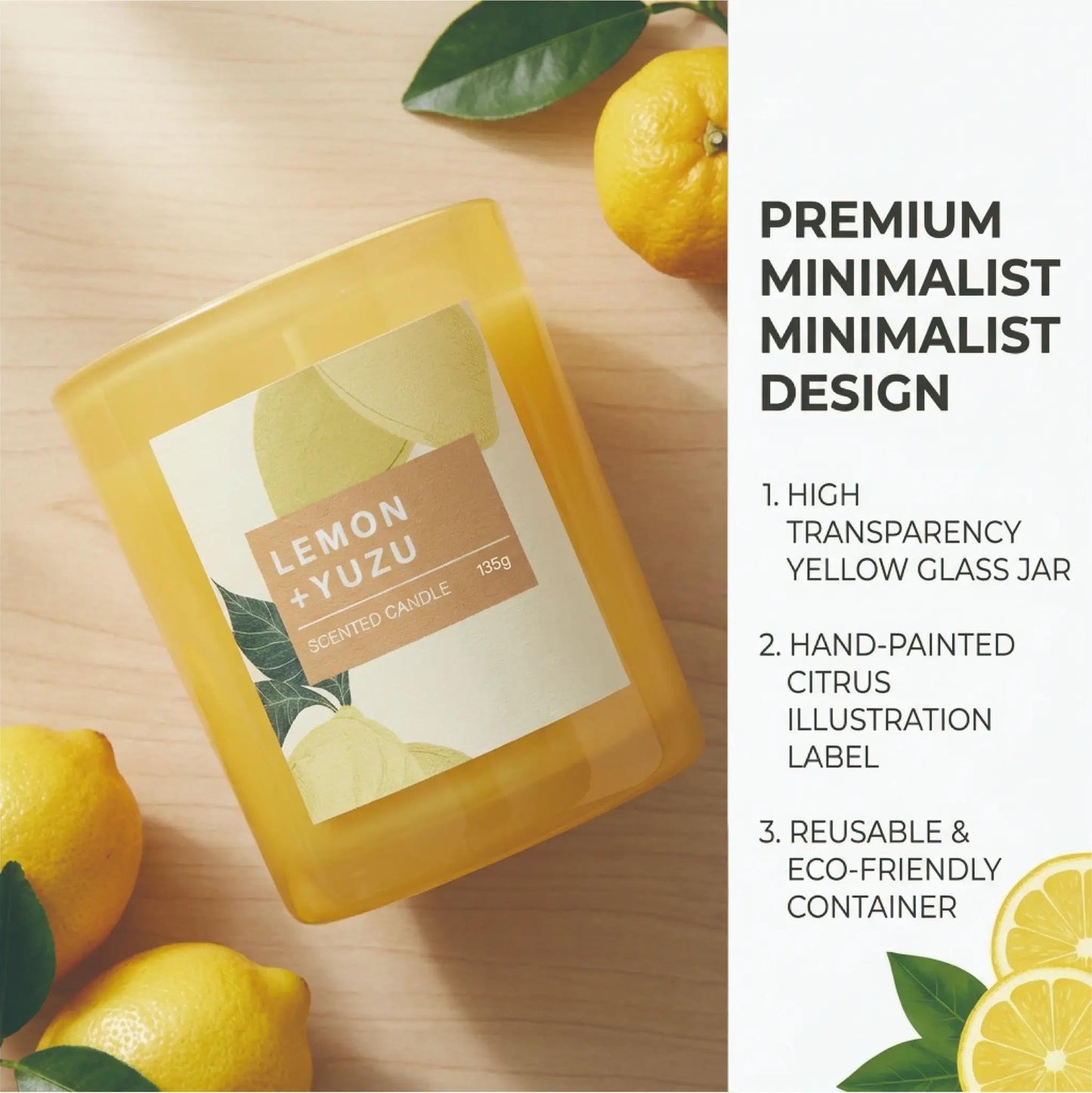GroseMell Lemon Scented Candle – 4.76 oz (135g) Natural Soy Wax, 30-Hour Clean Burn, Elegant Glass Jar, Home Fragrance & Thoughtful Gift for Home (Lemon)