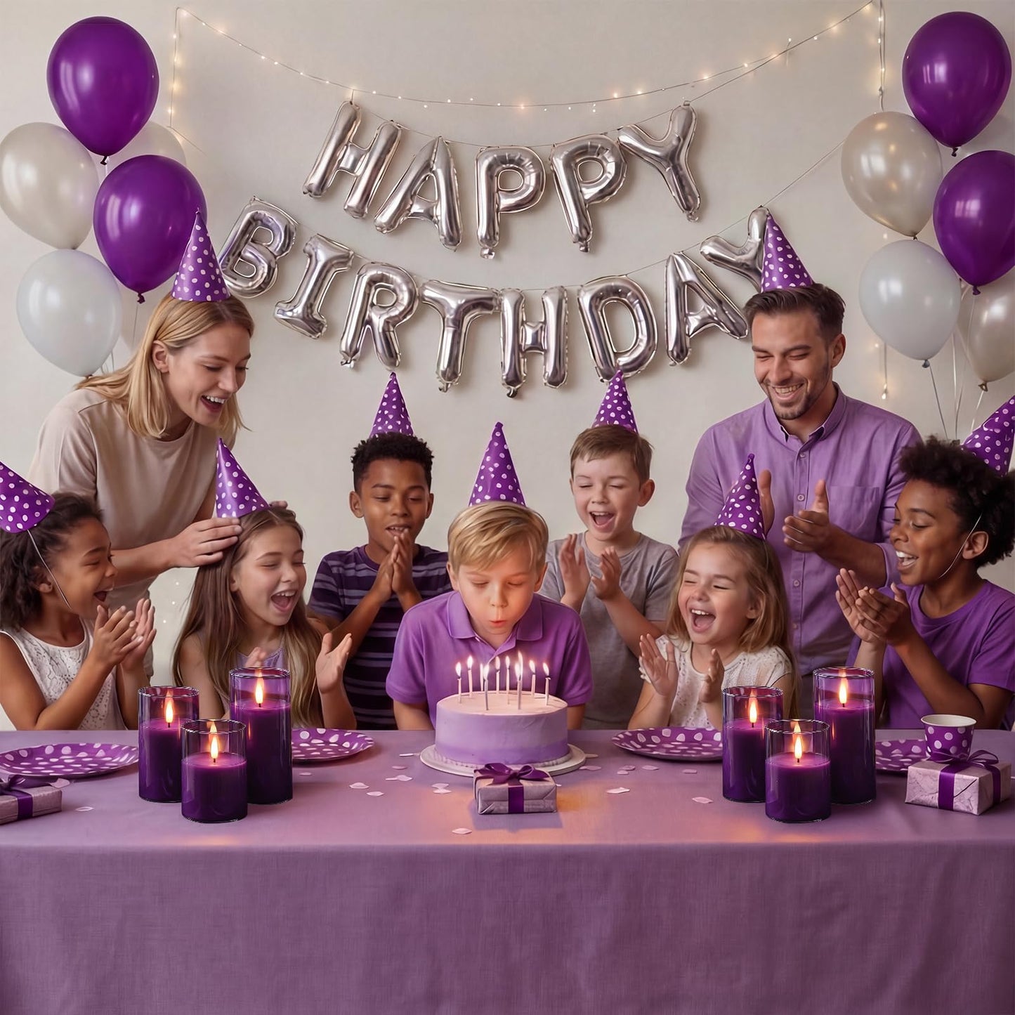 Homemory Purple Glass Flameless Candles, Battery Operated LED Pillar Candles with Remote Control and Timer, Radiance Candles, Real Wax, Set of 3,D3 xH4 5" 6"