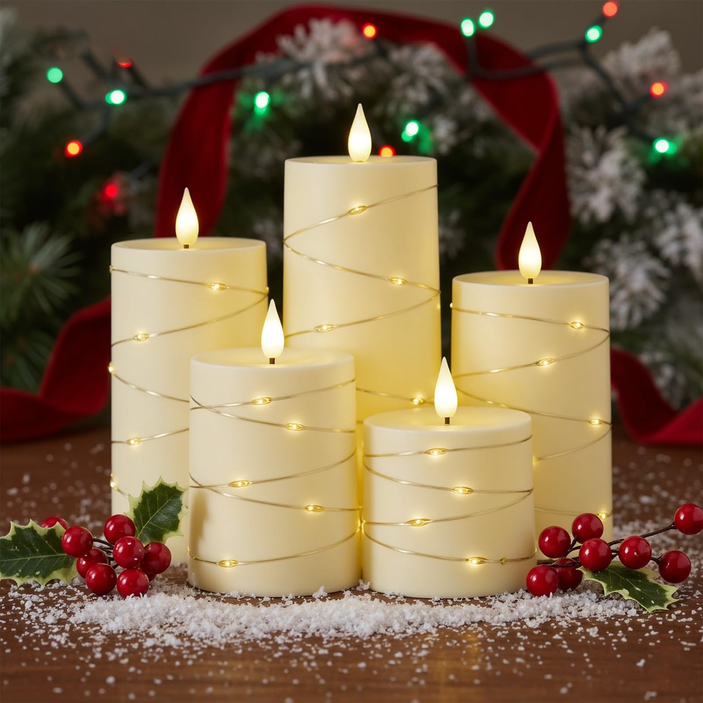 Raycare Flameless Candles with Remote Timer, Flickering Battery Operated LED Pillar Fake Candle with String Lights for Home Decor, Christmas, Wedding and Gift, Ivory, Set of 5