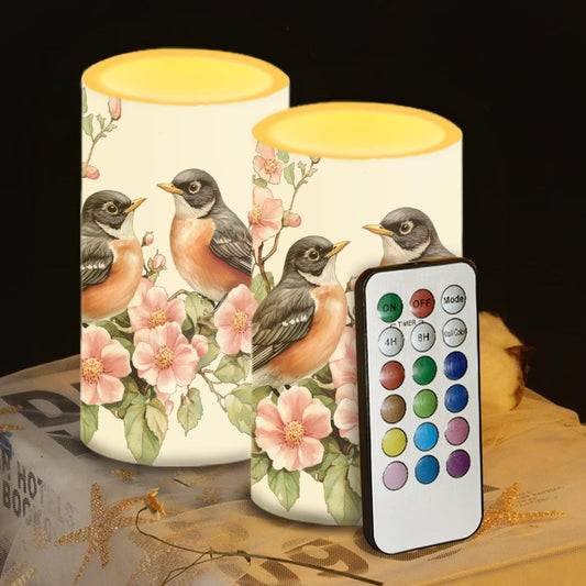 Luarisgur Robin Bird Flameless Candles 2 Pack 6 x 3 inch Battery Operated Candles with Multicolor Timer Remote Control LED Fake Candles for Warm Light Dinner Table Home Decor