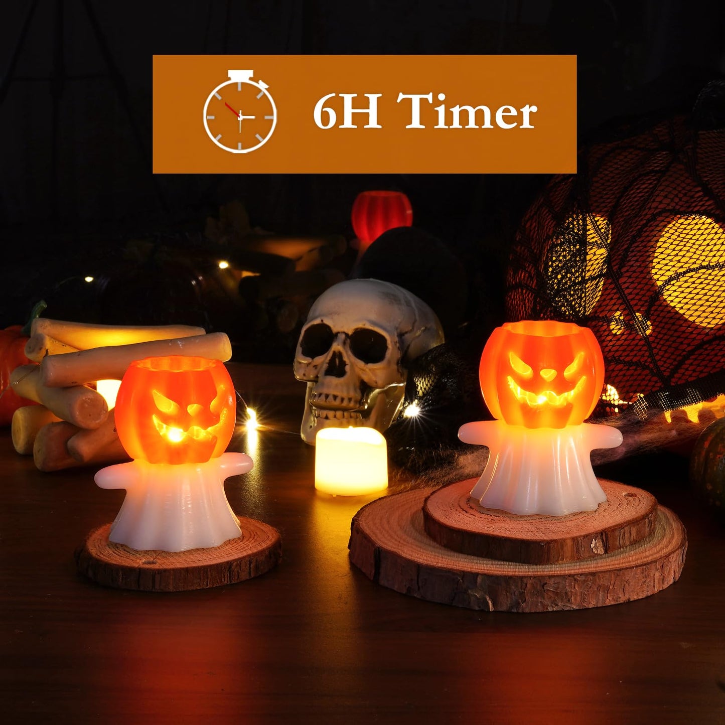 Homemory Real Wax Pumpkin Ghost Lamp, 4 Pcs Flickering Flameless Candles with 6hrs Timer, Spooky Halloween Pumpkin Candles, LED Battery Operated Lights for Home Halloween Decor, Theme Party