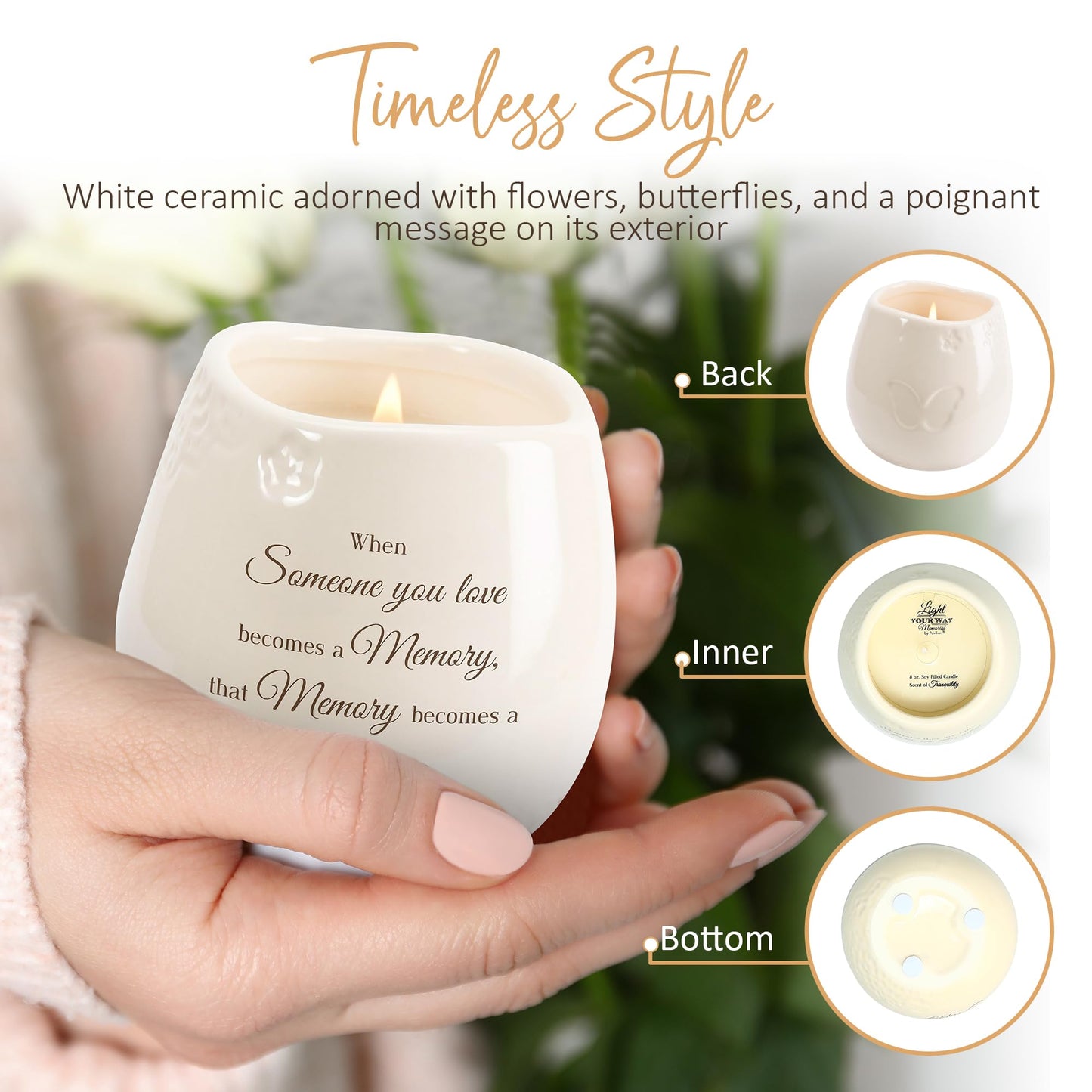 Pavilion - 8 Oz Candle Holder - Cream Beige Ceramic Candle Vessel with 100% Soy Wax, Tranquility Scent When Someone You Love Becomes A Memory Remembrance Gift - Printed Text, Love Theme, Round Shape