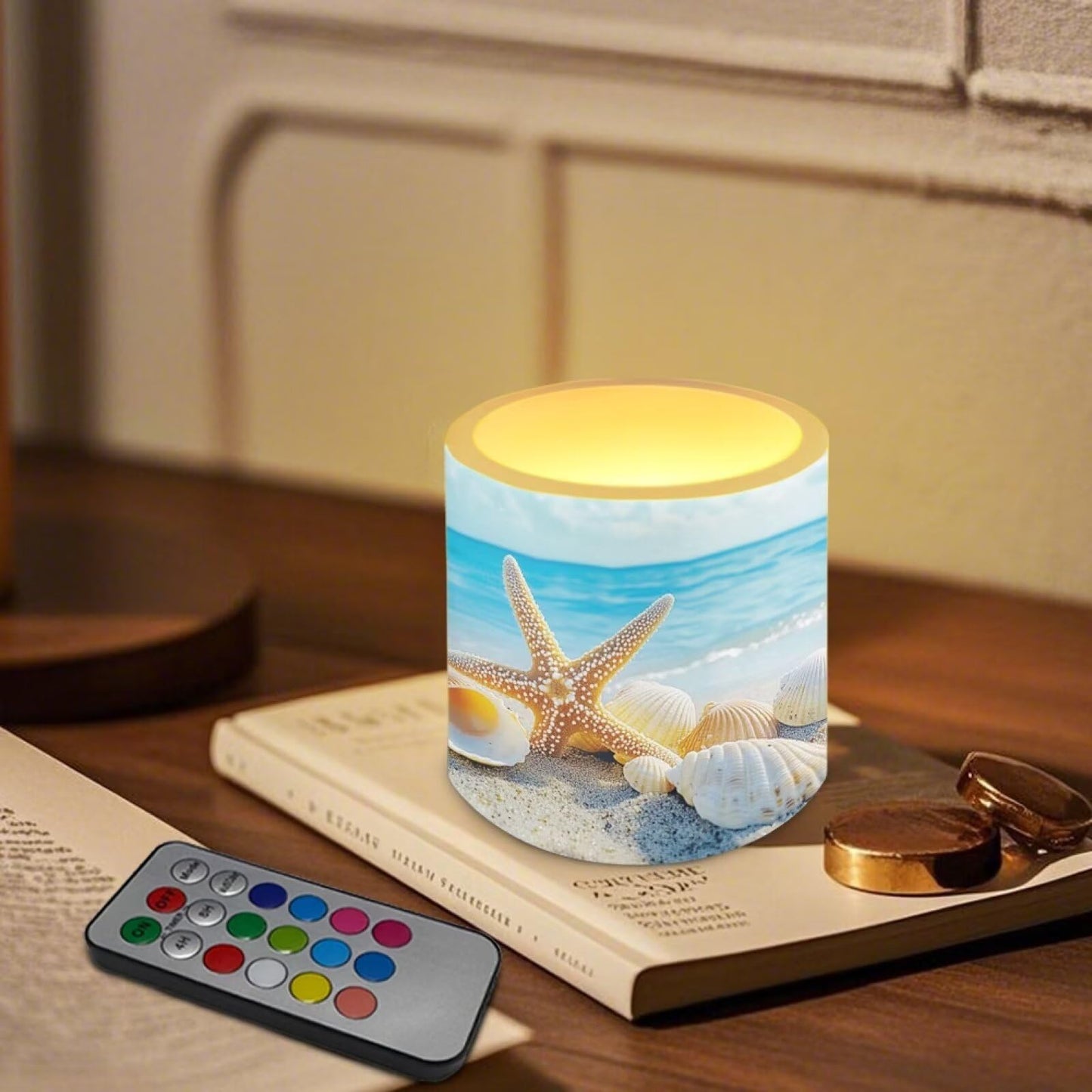 Merkmak 4 Pack Flickering Flameless Candles with Remote and Timer Control LED Pillar Tea Lights for Coastal Theme Home Decorations Battery Operated Candles, Shell Starfish