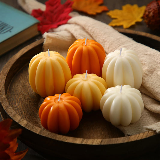 MTLEE 6 Pieces Fall Pumpkin Shaped Candles Thanksgiving Scented Tealight Candles Home Decor Handmade Thanksgiving Gifts for Bedroom Bathroom Party (Orange, White, Pumpkin)
