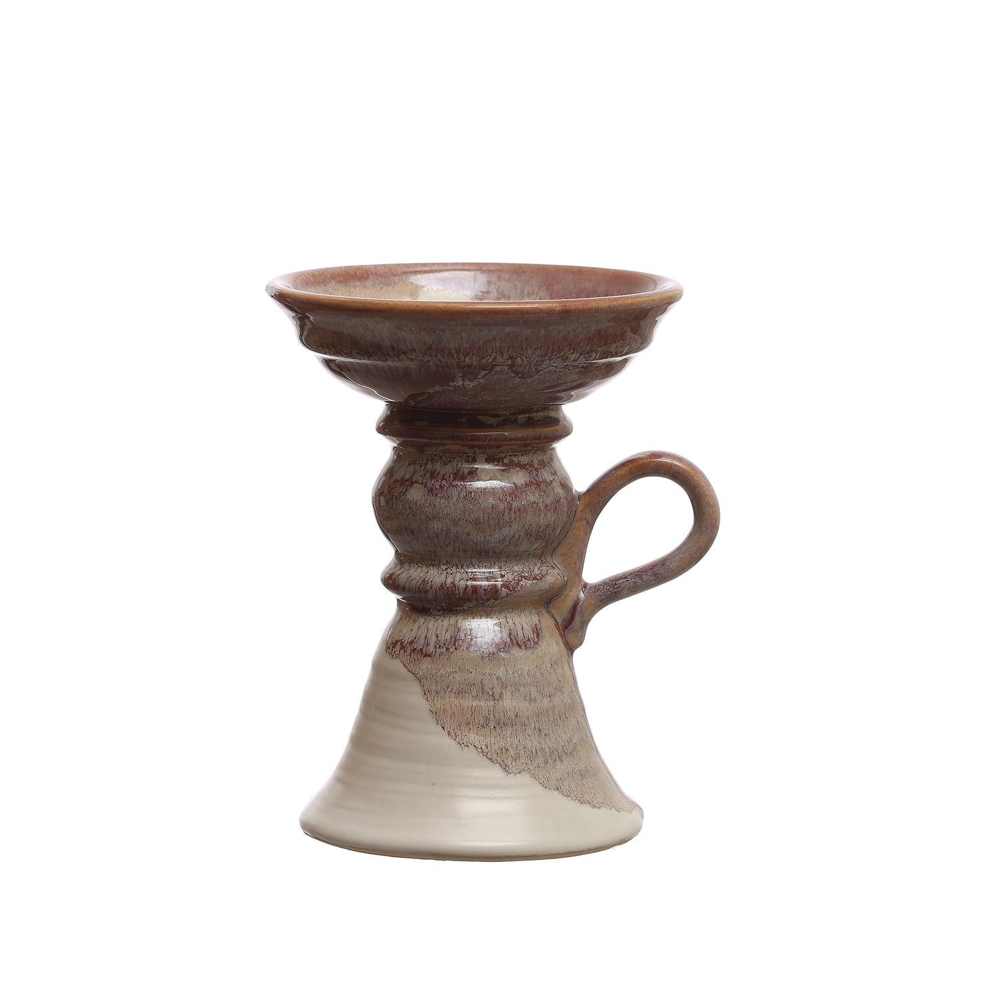 7.5 Inches Stoneware Pillar Holder with Handle and Reactive Glaze for 5 Inches Pillar, Brown