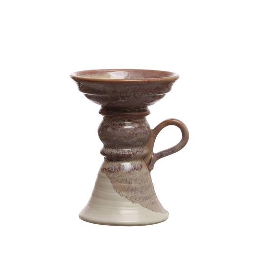7.5 Inches Stoneware Pillar Holder with Handle and Reactive Glaze for 5 Inches Pillar, Brown