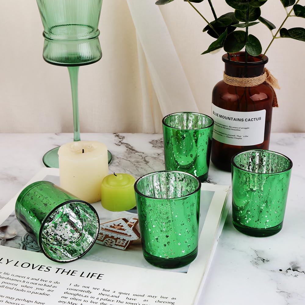 BTGLLAS Green Mercury Glass Tea Light Holders Set of 36 - Elegant Votive Candle Holders for Weddings, Showers and Home Decor - Perfect for Table Centerpieces and Parties (Glass, Green)