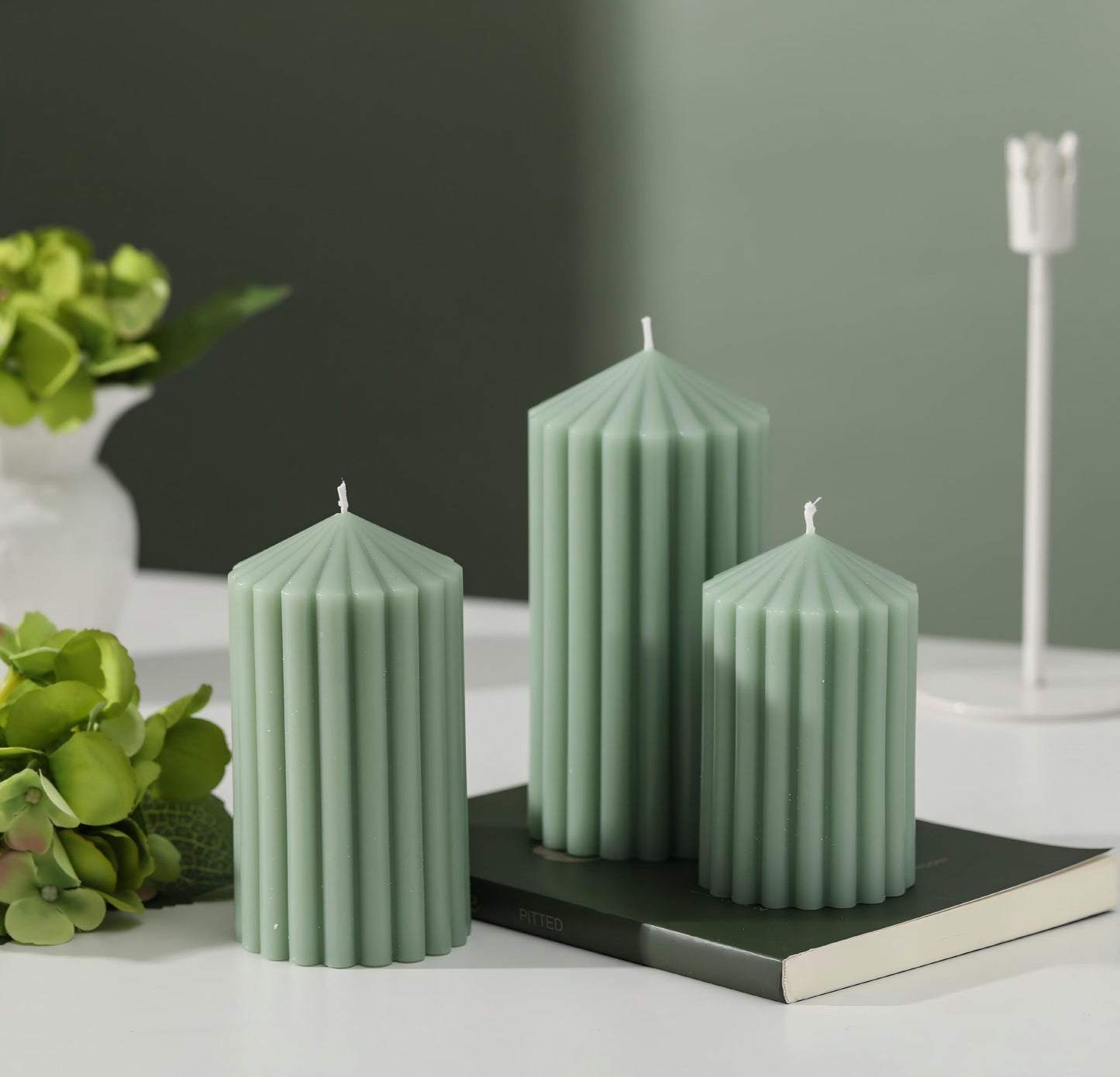 3 Pack Sage Green Ribbed Pillar Candles - Soy Wax Unscented, 2.76"x4.2/4.9/5.9 in Smokeless Non Toxic Cotton Wick, Aesthetic Modern Candles for Home Decor, Dinner Table, Living Room, Housewarming Gift