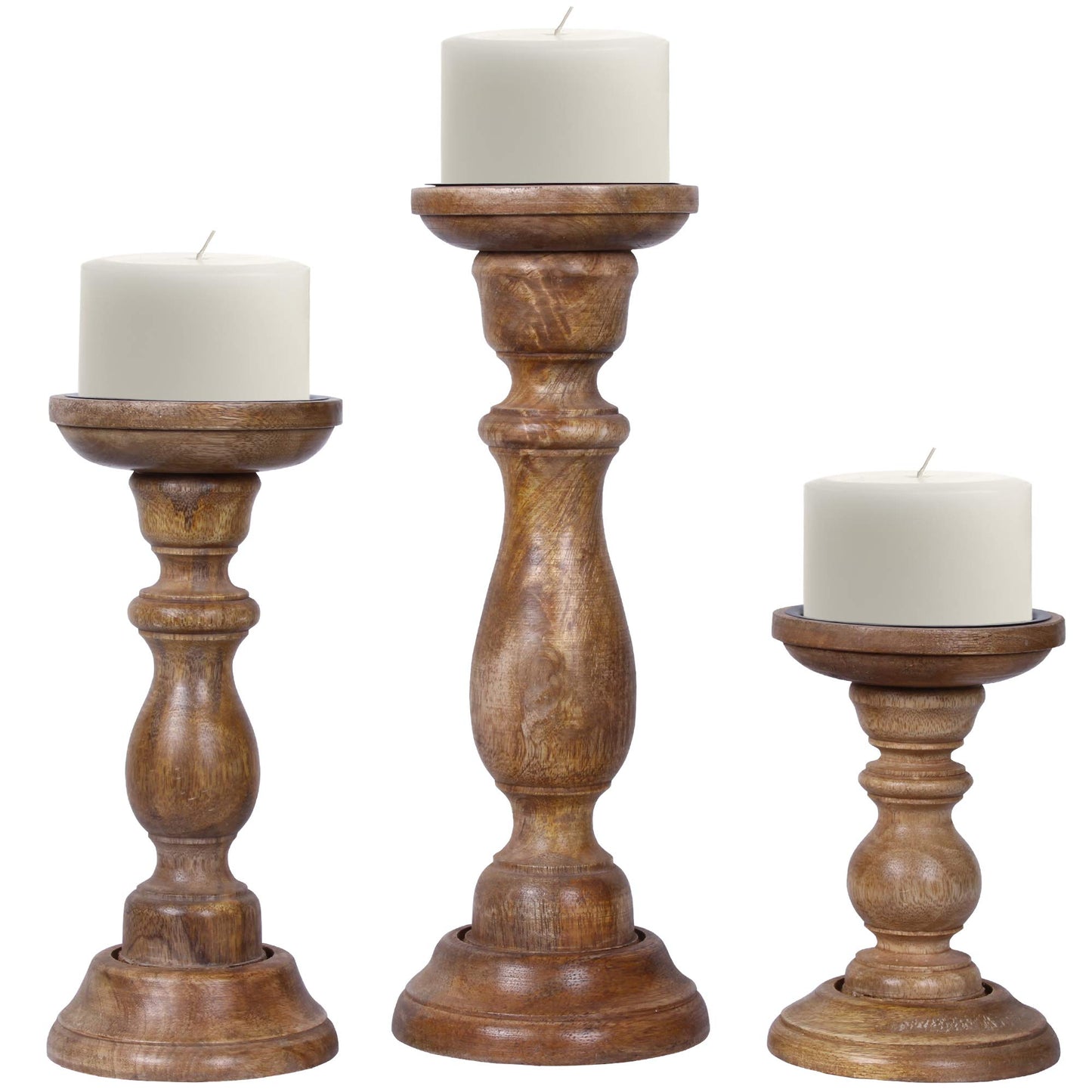 Mela Artisans 6”, 9” & 12” Mango Wood Pillar Candle Holder Set of 3 – Tuli Design Medium Polish – Wooden Candle Holders for Table, Mantel & Living Room Décor