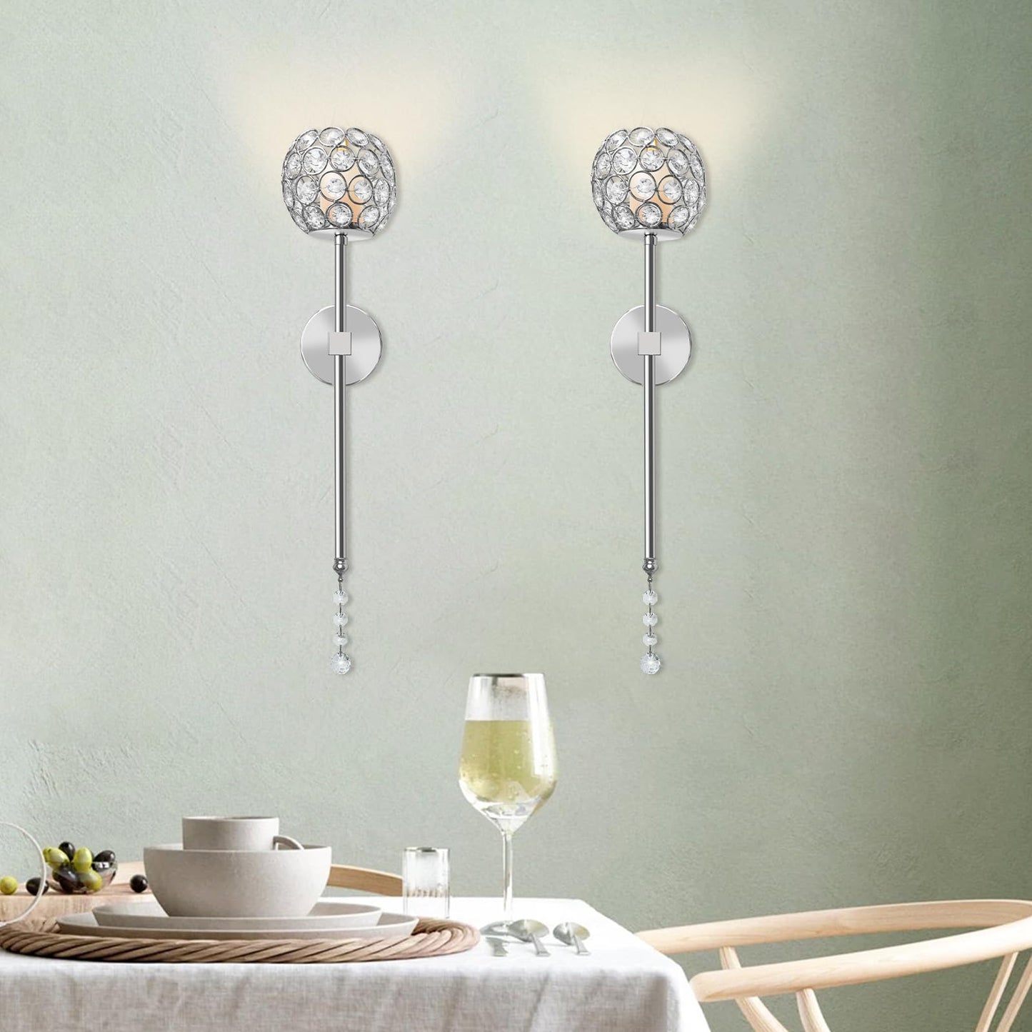 Crystal Candle Sconces for Wall Decorative Long Candle Holder Sconce Wall Art Home Decor for Bedroom Living Dining Room, Set of 2-Silver