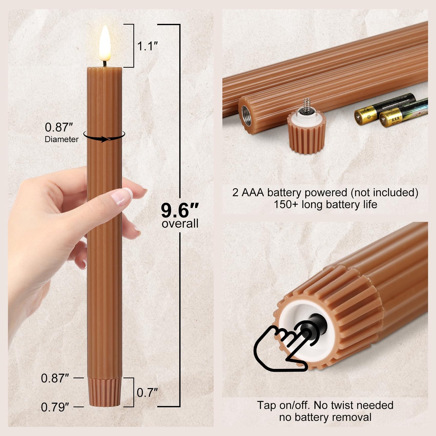 Girimax Brown Ribbed Fluted Flameless Taper Candles with Remote, Flickering Battery LED Wax Candlesticks Wedding Table Decor Set of 4