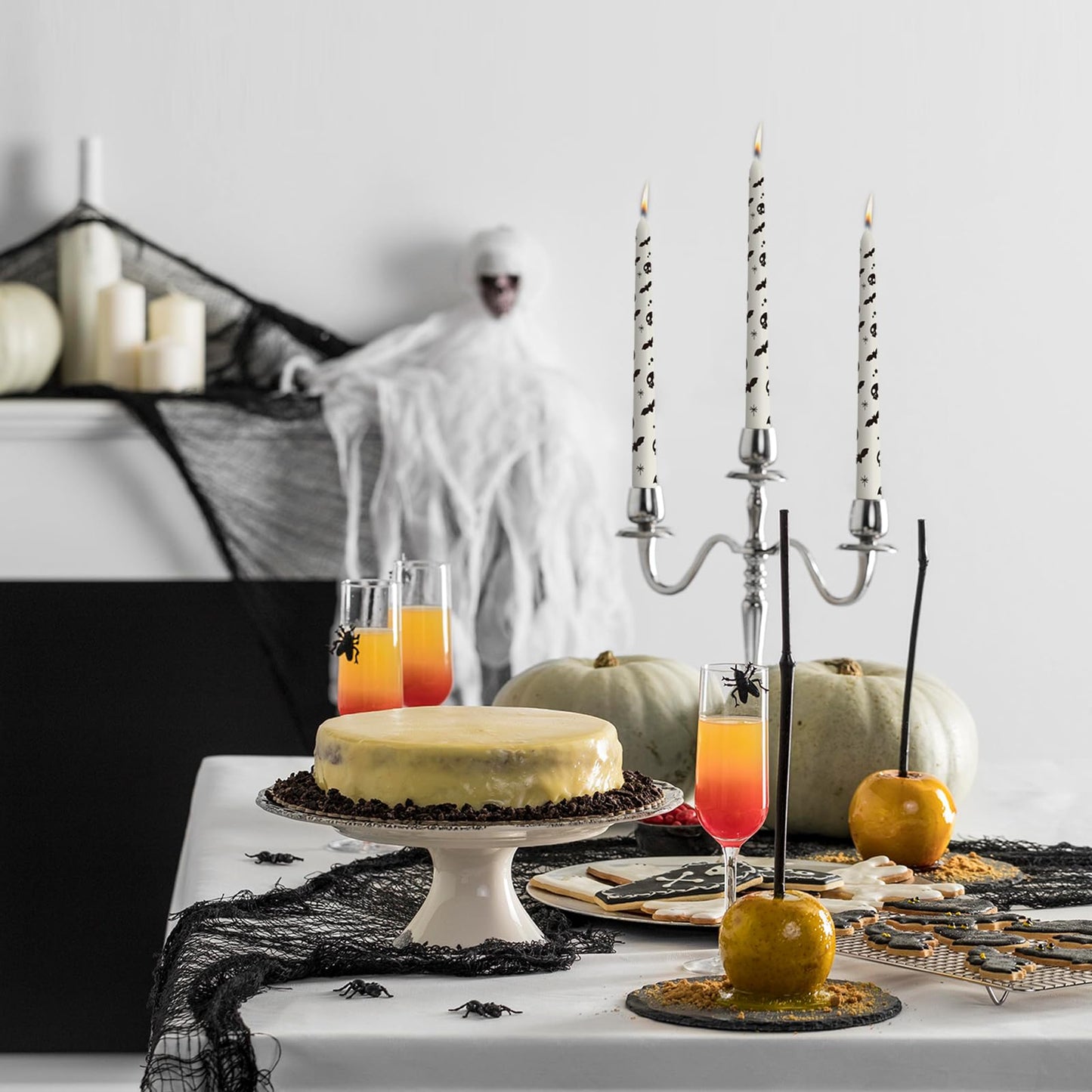 6 Pack Printed Taper Candle Set for Halloween Home Decoration, 10 Inch Ivory Candlesticks with Bat & Skull Pattern Pattern for Dinner Holiday Seasonal Celebration, Dripless and Smokeless Candles