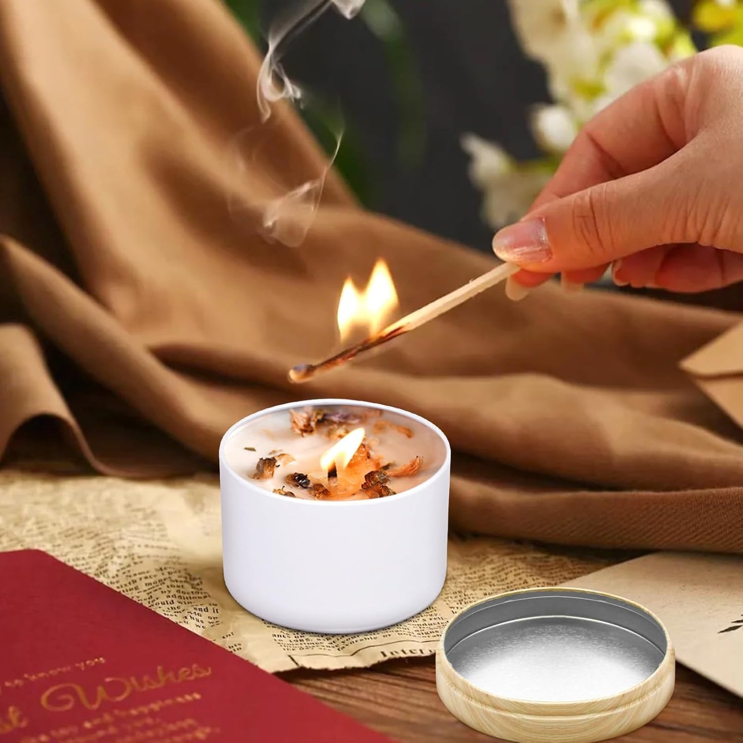 YJHSS 24-Pack 8oz Candle Tins with Wood-Grain Printing Lids, Metal Candle Jars for Candle Making, Empty Containers Vessels Bulk for Small Business & Beginners DIY Storage -Wood White