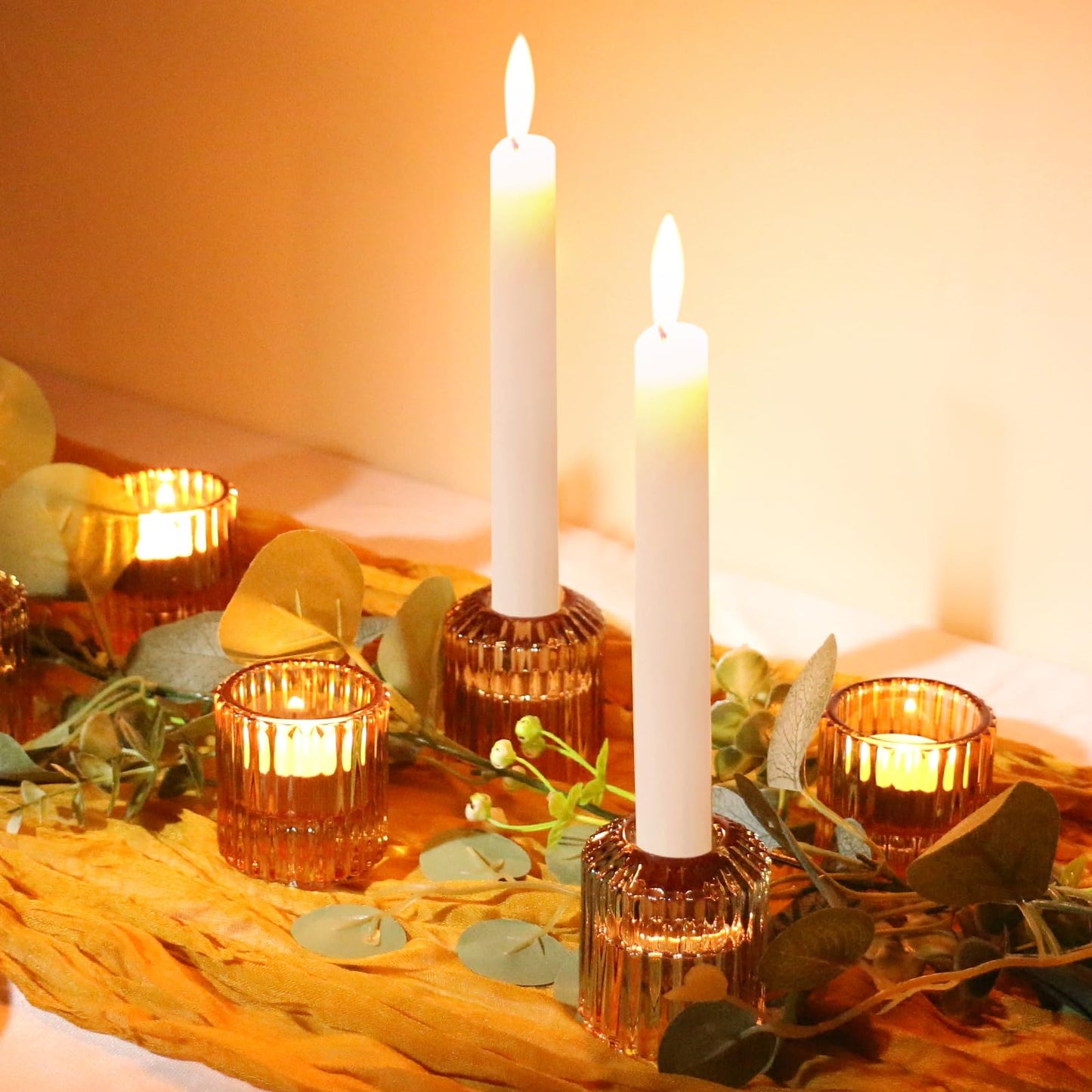 CHOCSTAY Reversible Amber Glass Candle Holder Set of 6, Thick Heat-Resistant Glass Candlestick Holders for Taper, Tealight, Votive, LED Candles, Perfect for Wedding, Party, Home Décor