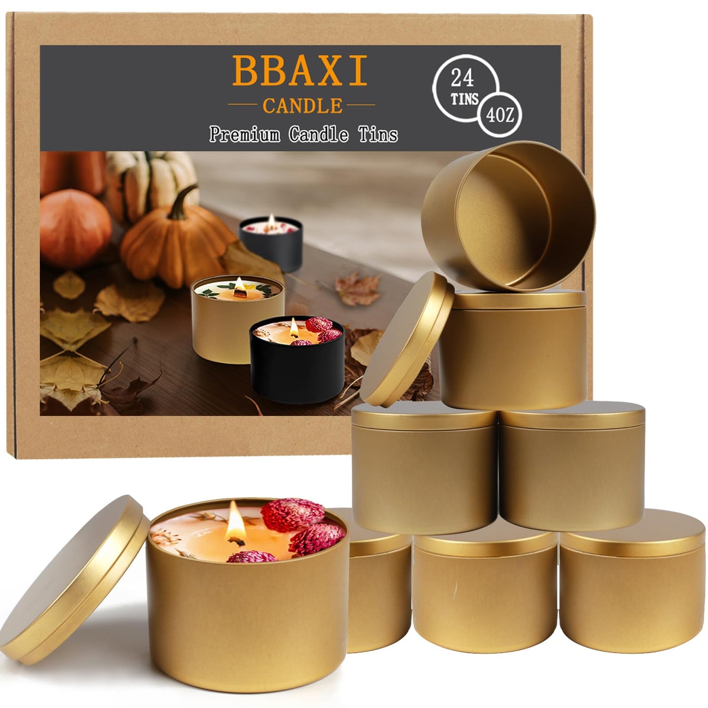 BBAXI 4oz Gold Candle Tins 24Pcs,Empty Candle Jars for Making Candles, DIY Candle Containers,Round Metal Tins with Lids for Candle Making