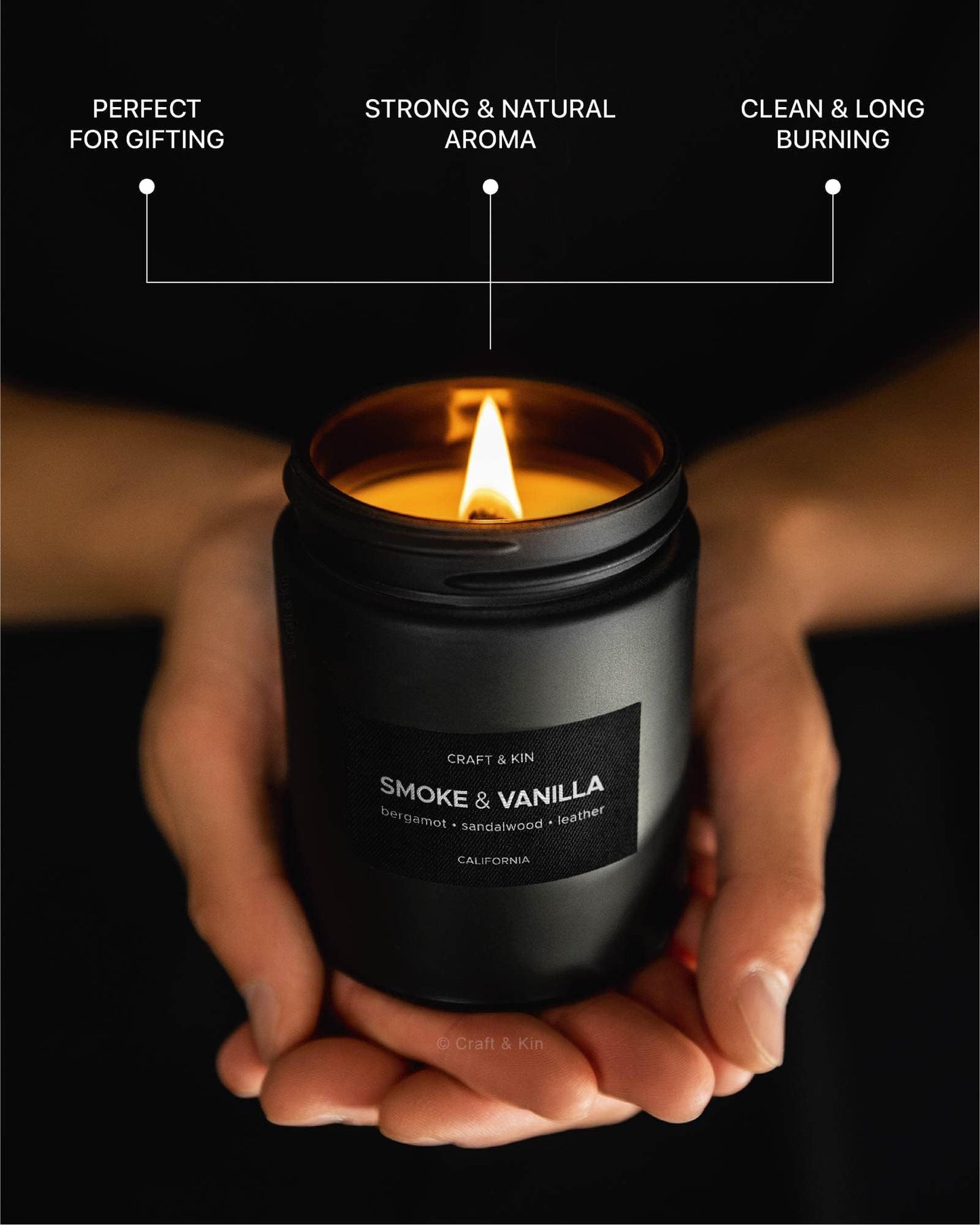 Craft & Kin Premium Smoke & Vanilla Candle | Black Scented Candles for Men | Long Lasting with 45 Hour Burn Time, 7.6oz | Soy Candle | Aromatherapy at Home | Gifts for Men