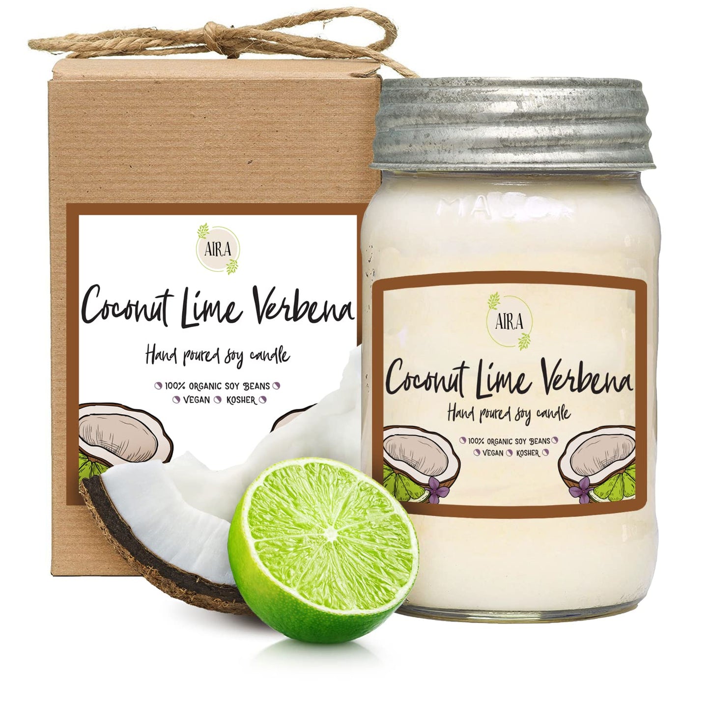 Aira Soy Candles - Organic, Kosher, Vegan, in Mason Jar w/Therapeutic Grade Essential Oil Blends - Hand-Poured 100% Soy Candle Wax - Paraffin Free, Burns 110+ Hours - Coconut Lime Verbena - 16 Ounces