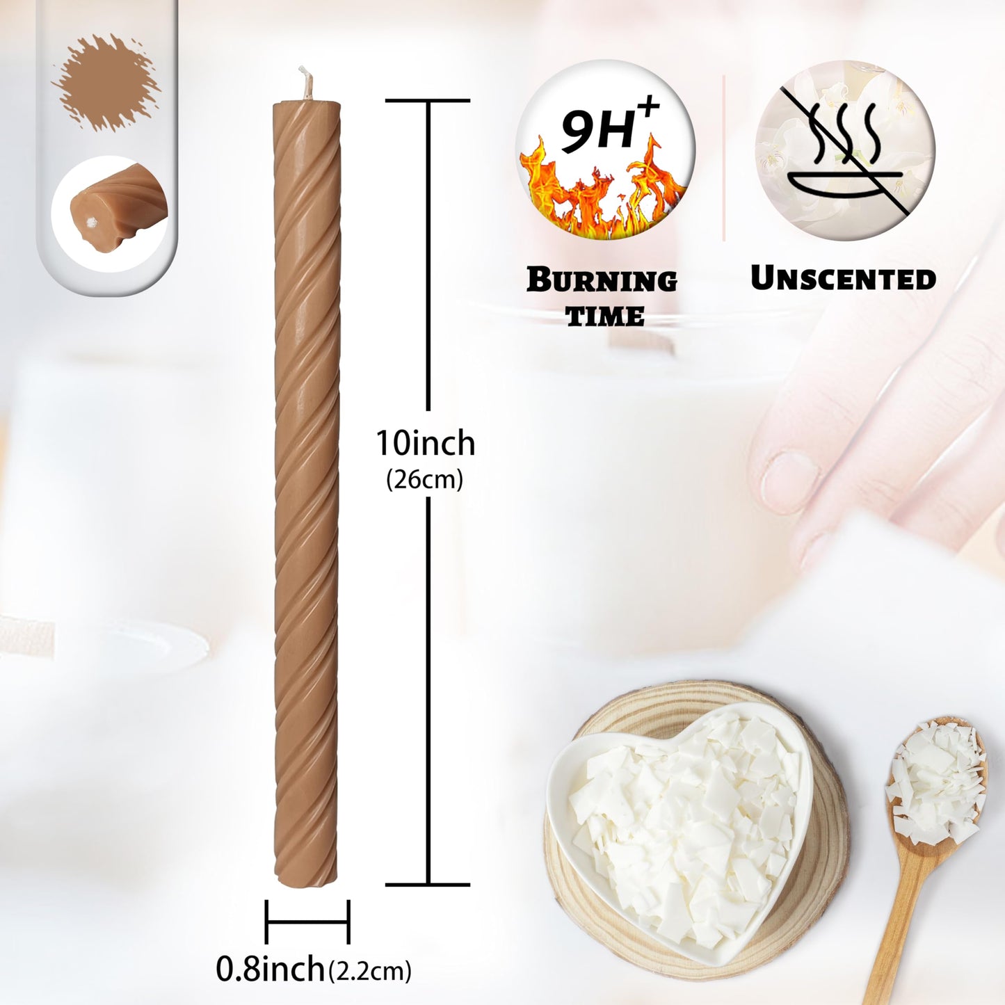 Unscented Taper Candles Dripless Brown Spiral Candles Smokeless Long Dinner Candles 10 Inch Housewarming Candlesticks for Home Decoration