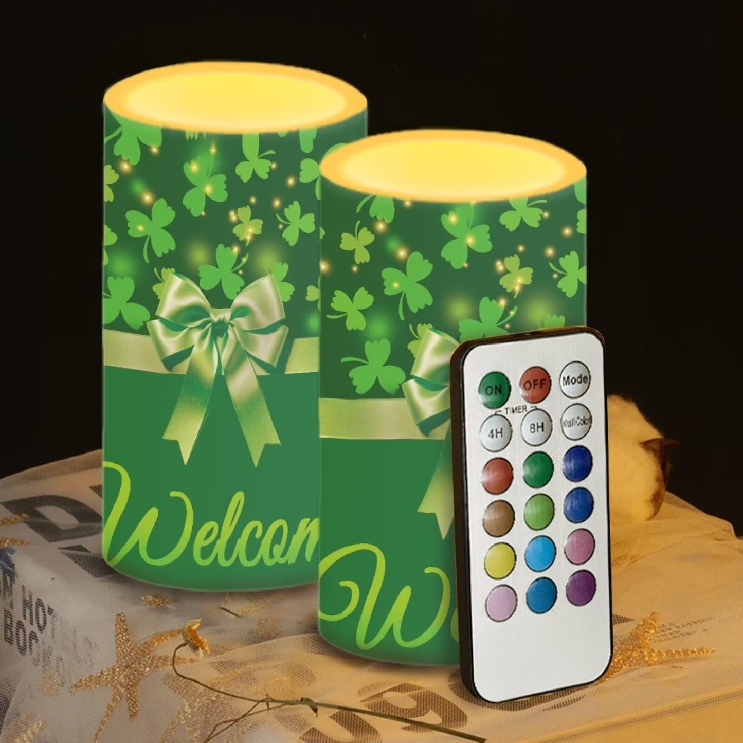 Luarisgur St Patricks Day Decor Flameless Candles Battery Candles with Remote Control Green Bow LED Pillar Candles Electric Fake Plastic Candles for Home Room Bedroom Holiday Decorations Set of 2