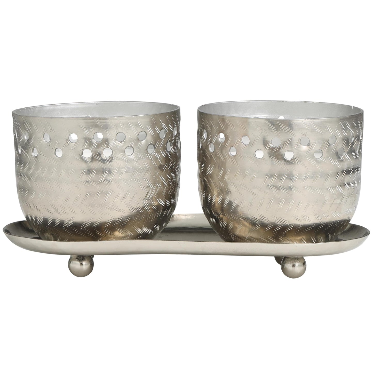 Deco 79 Metal Decorative Candle White Sage Scented Cutout Spotted 7 oz 1 Wick Aromatherapy Candle with White Wax, Set of 2 Wax Aromatherapy Candle 8" W, 4" H, Silver