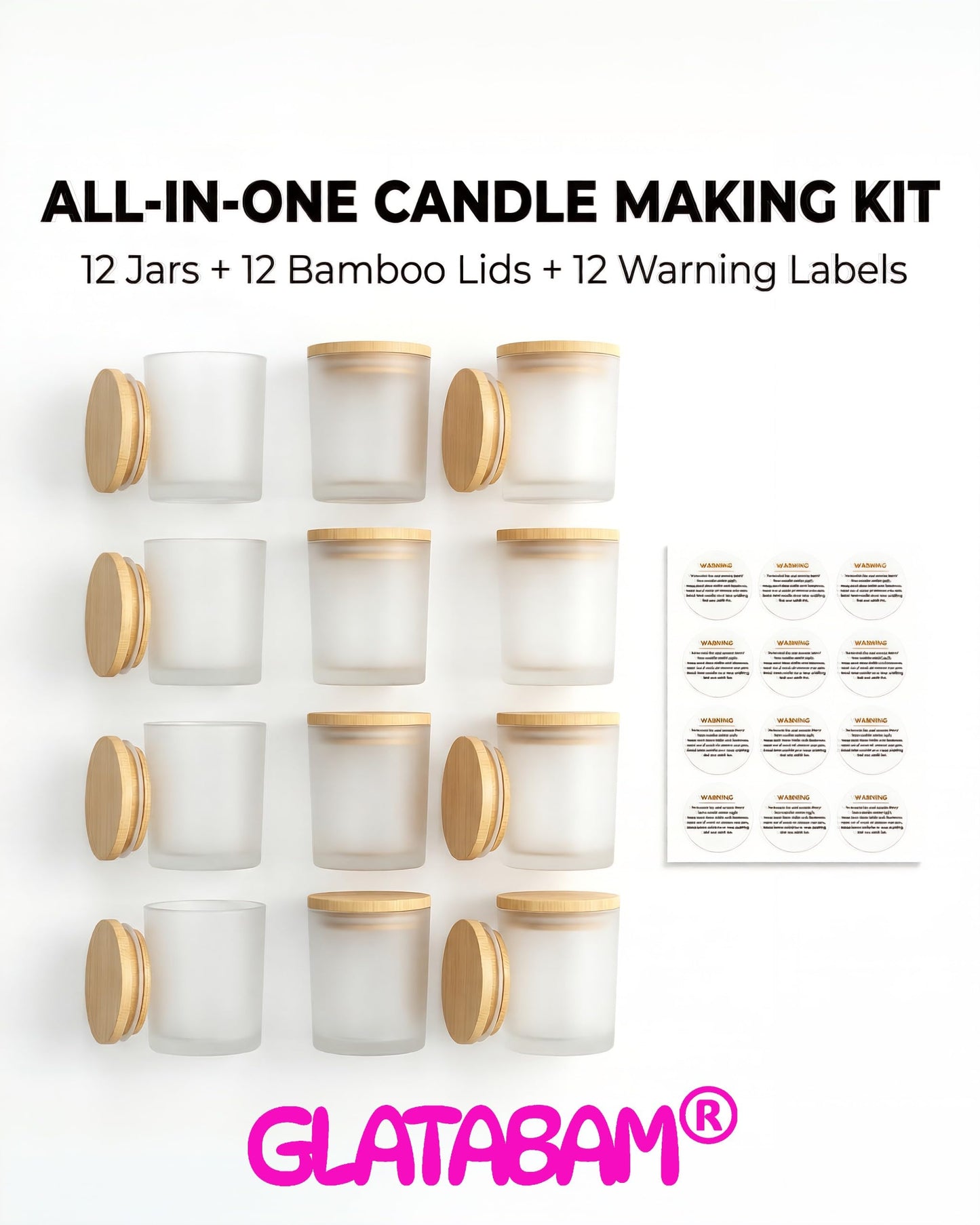 GLATABAM 7 OZ Candle Jars 12 Pack - Bulk Glass Candle Making Jars with Bamboo Lids & Labels, Heat Resistant Empty Reusable Candle Vessel for Containers(Frosted White)
