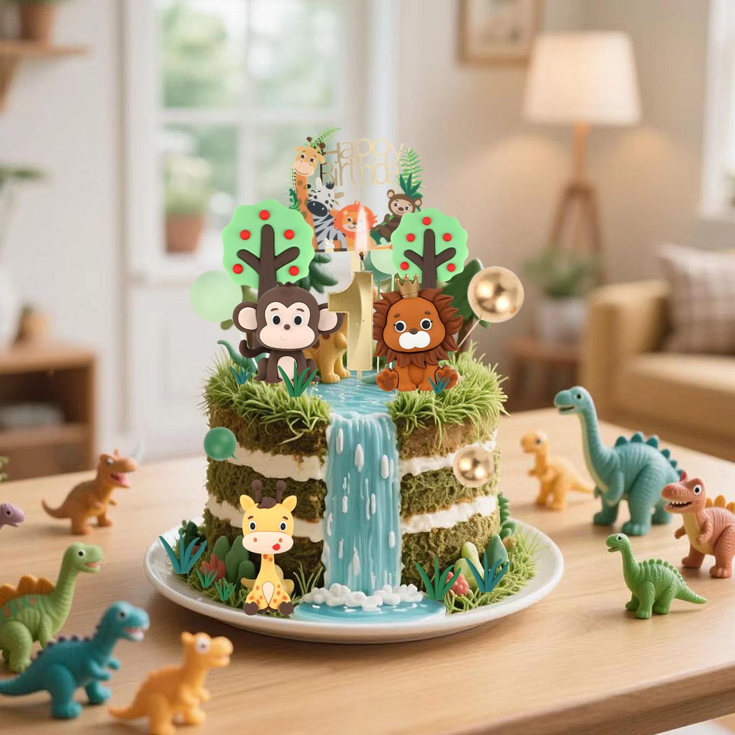 1st Birthday Safari Cake Toppers Set - 3D Lion, Monkey, Giraffe with Number 1 Candle, 8 Grass, Trees & Balls - 21PCS Jungle Animal Cake Decorations Kit for Boys Girls 1 Year Old Party (1st)