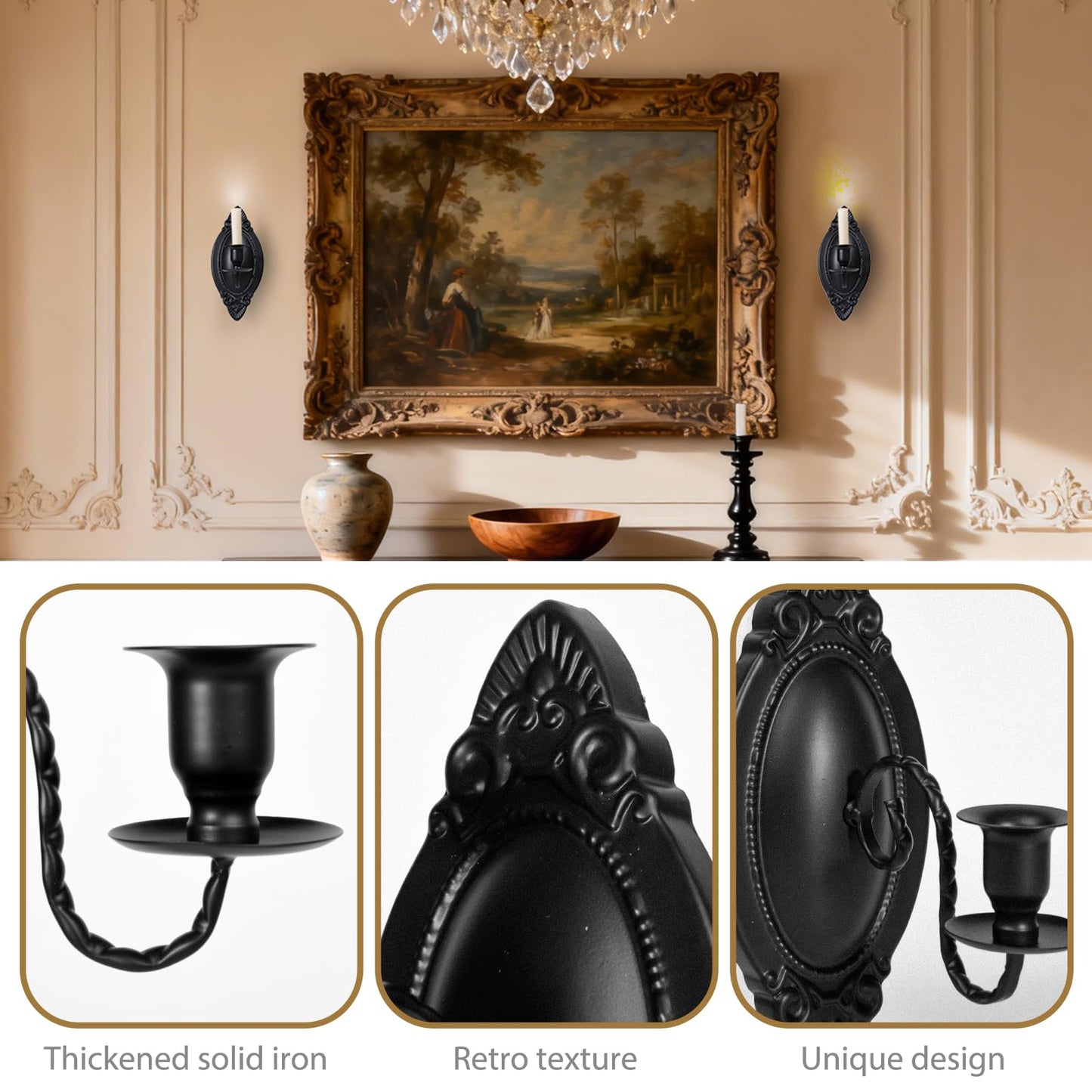 Vrnikhub Black Candle Sconces Set of Two, Victorian Decor Royal Wall Sconce, Metal Rustic Candle Holder Baroque Home Wall Decor for Living Room, Dining Room, Bedroom, Fireplace, Hallway, Window
