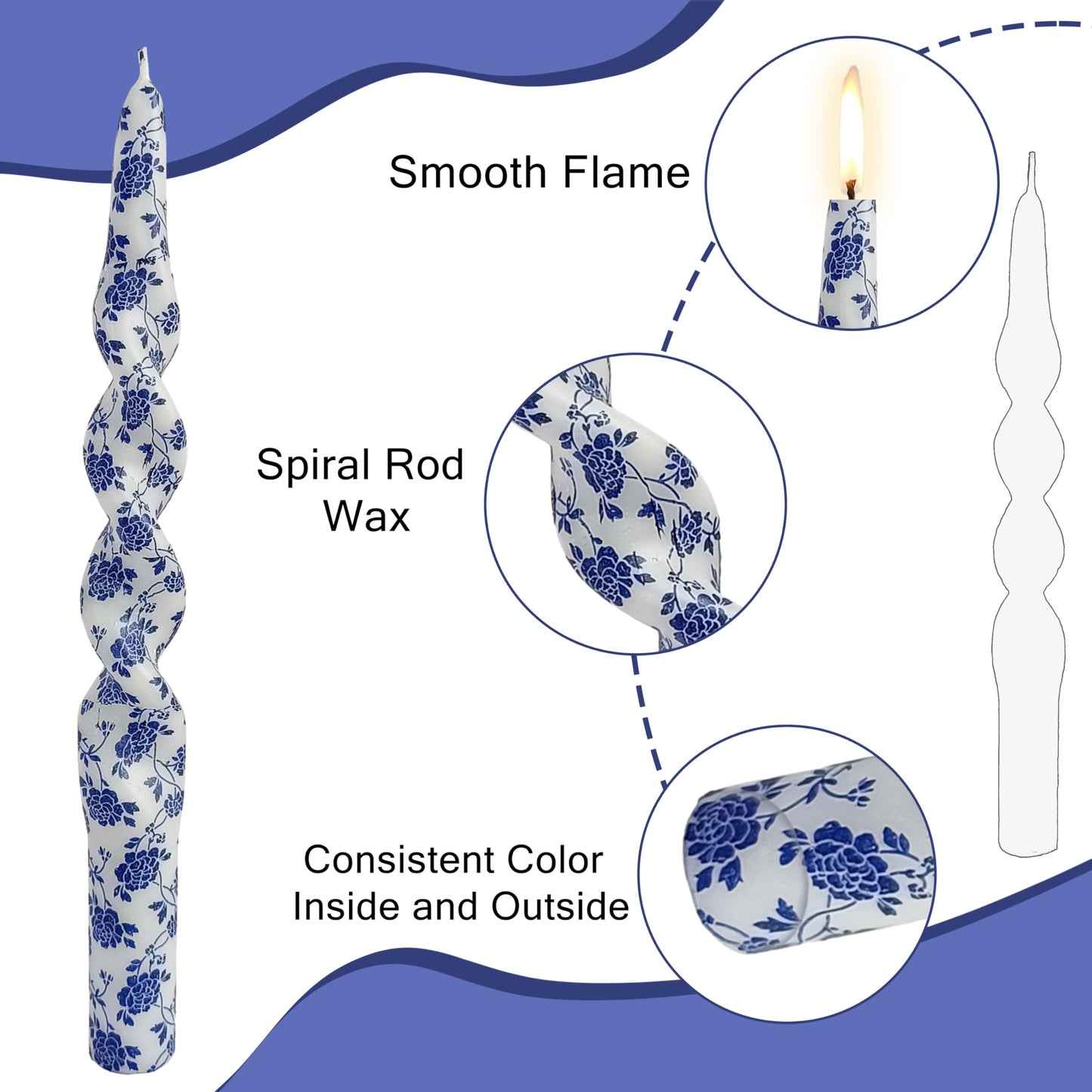 Flowers Printed Spiral Candles Unscented Twisted Candlestick Smokeless 2 PCS Blue Long Taper Candle 10 inch Twisted Candle Sticks Tapered Candles for Home Wedding Dinner Holiday Party