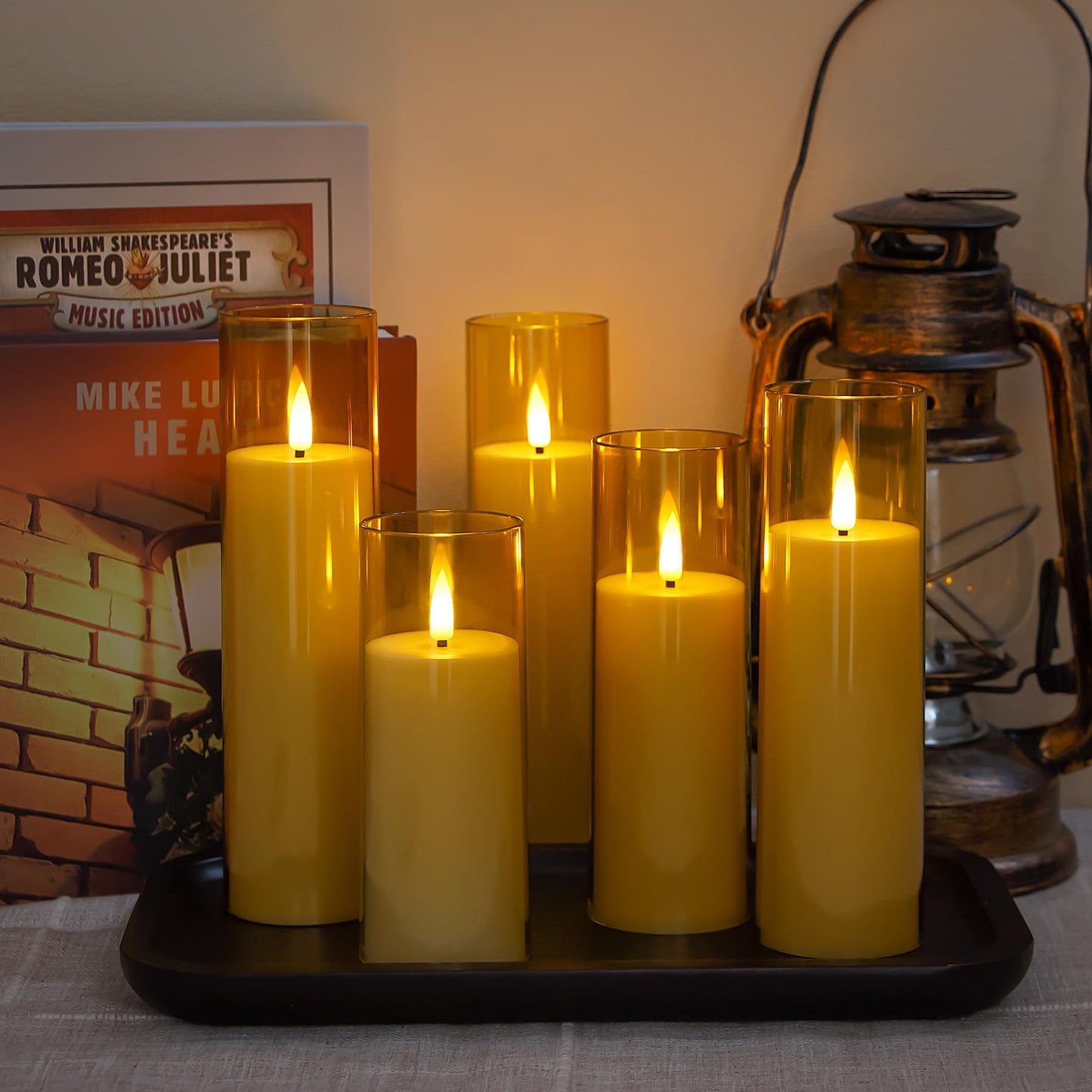 Yeelida Acrylic Flameless Flickering Candles with Remote Control and Timer, Battery Operated LED Fake 2.2" x 5",6",7",8",8" Plastic Pillar Candles for Home Decor(Long-Lasting, Gold)