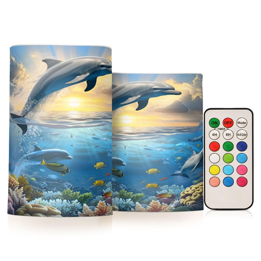 panksolu Flickering Flameless Candles, Sea Leaping Dolphins LED Candles with Remote Timer, Battery Operated Candle for Valentine Wedding Halloween Christmas Decor - Set of 2