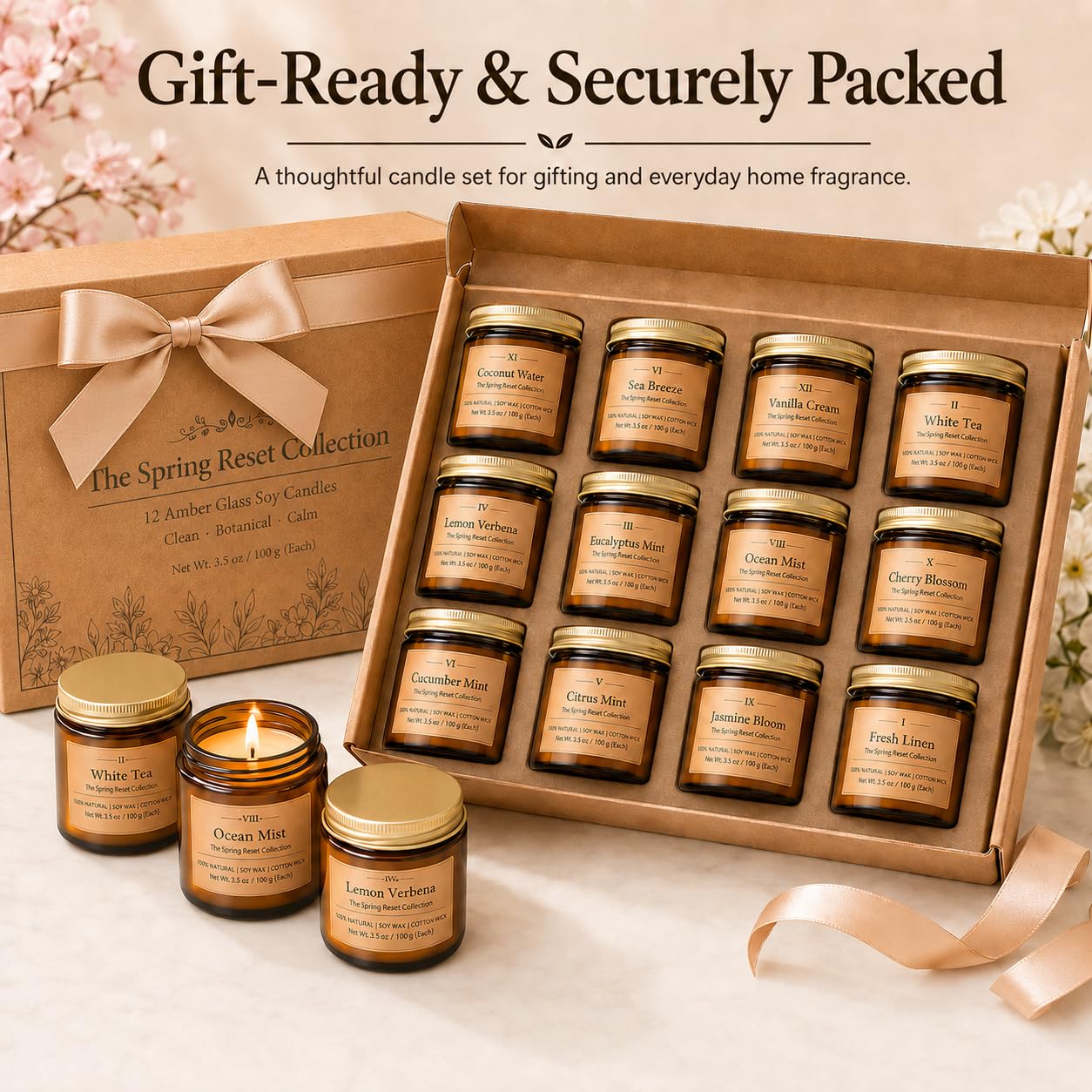 12 Pack Summer Scented Candles, 3.5 oz Amber Glass Jar Soy Candle Set, 8% Essential Oil Blend, Gifts for Women Birthday Housewarming