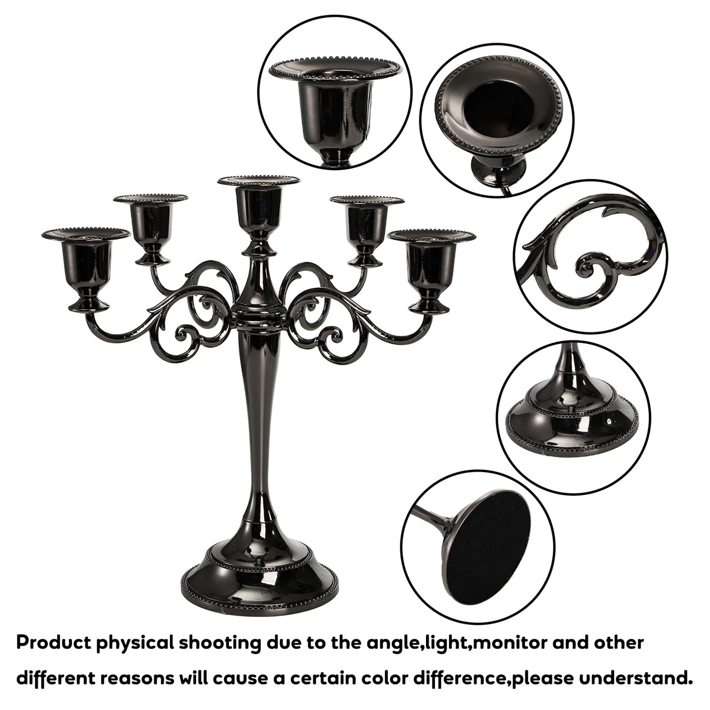 YOUEON 5 Arm Black Candelabra, Candelabra Candle Holder, 10 Inch Tall Candlesticks Holder, Elegant Taper Candle Holder Centerpiece for Wedding, Church, Halloween, Dining, Home Decor