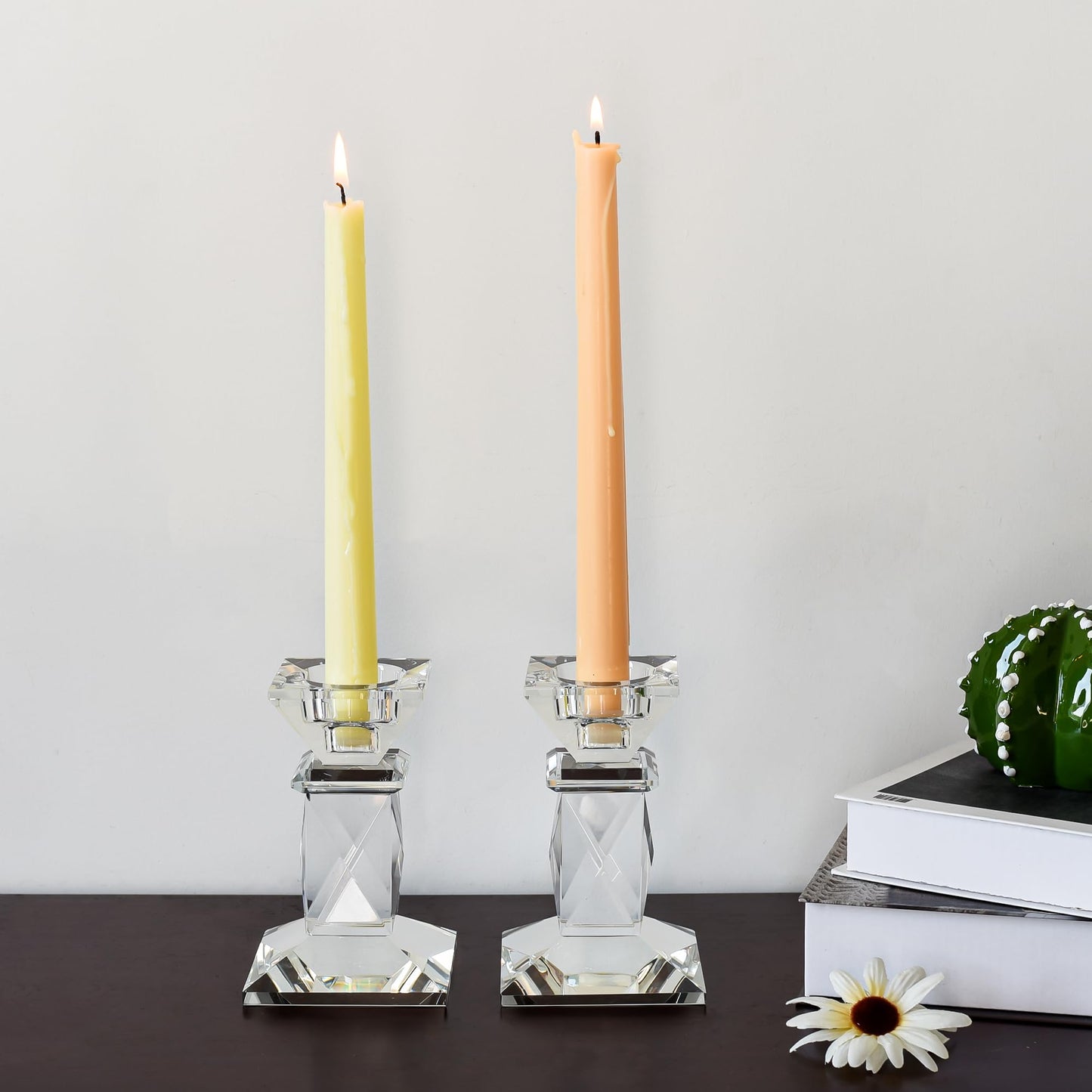 DONOUCLS Crystal Candle Holders Pack of 2, Clear Crystal Taper Candlesticks Holders, Table Centerpiece Home Decor for Wedding, Dining, Party(4.9in Tall)