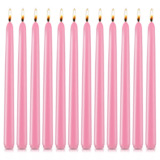 10 inch Pink Taper Candles for Christmas Advent, Set of 12 Unscented Dripless Candlesticks - 8 Hours Long Burning for Home Decor, Wedding, Parties and Special Occasions