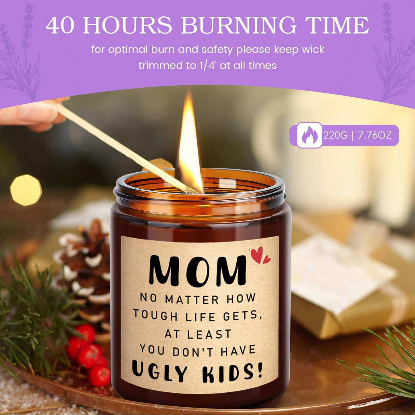 KOTKAS Lavender Candle Gifts for Mom Birthday - Funny Mothers Day Candles for Mom from Son Daughter - Eucalyptus Lavender Scented Soy Candles Non Toxic for Home - at Least You Dont Have Ugly Children