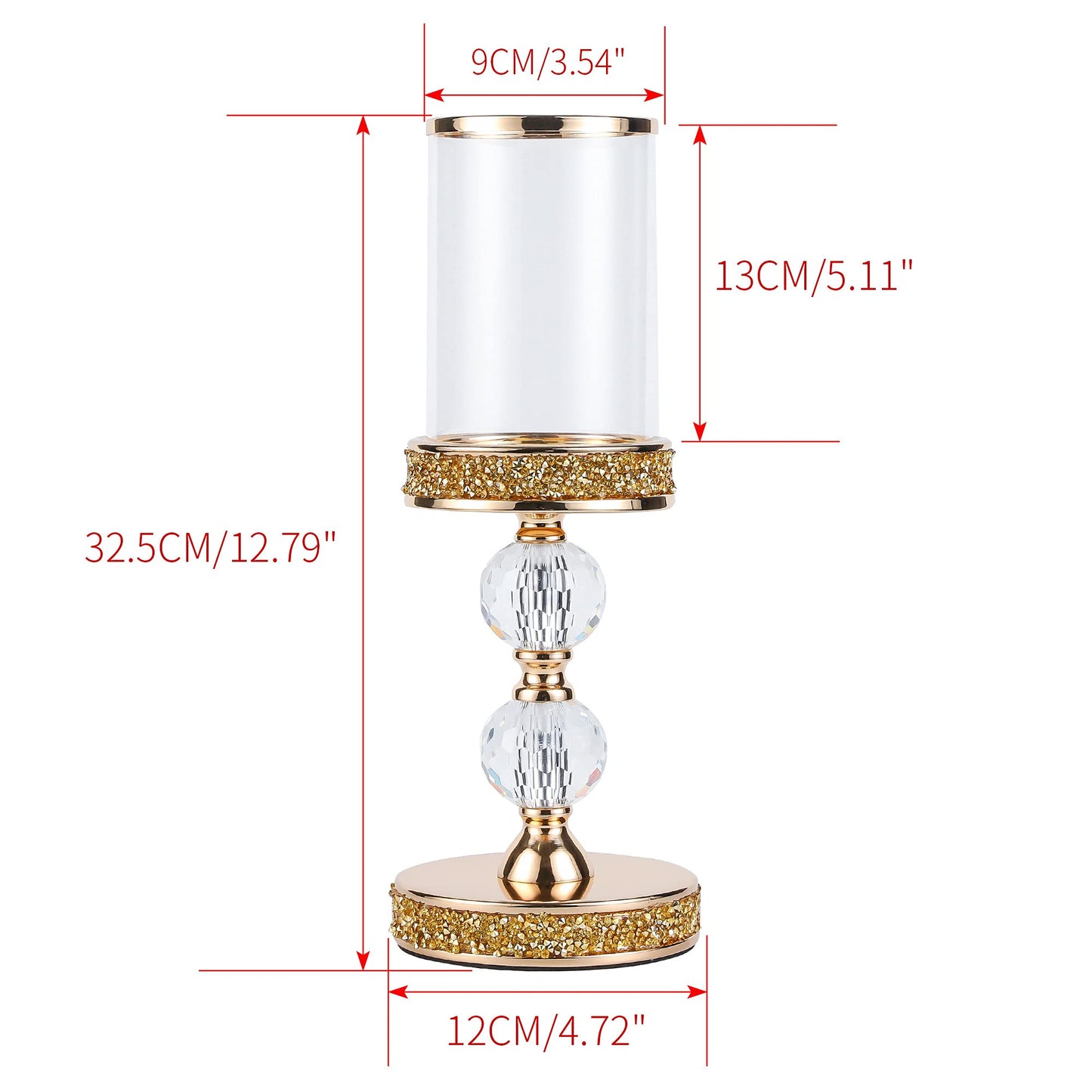 Pillar Candle Holder, 13 Inch Crystal Candlesticks for 3''X5'' Candles, Dining Coffee Table Decor, Wedding, Events, Parties - Glass and Gold Finish