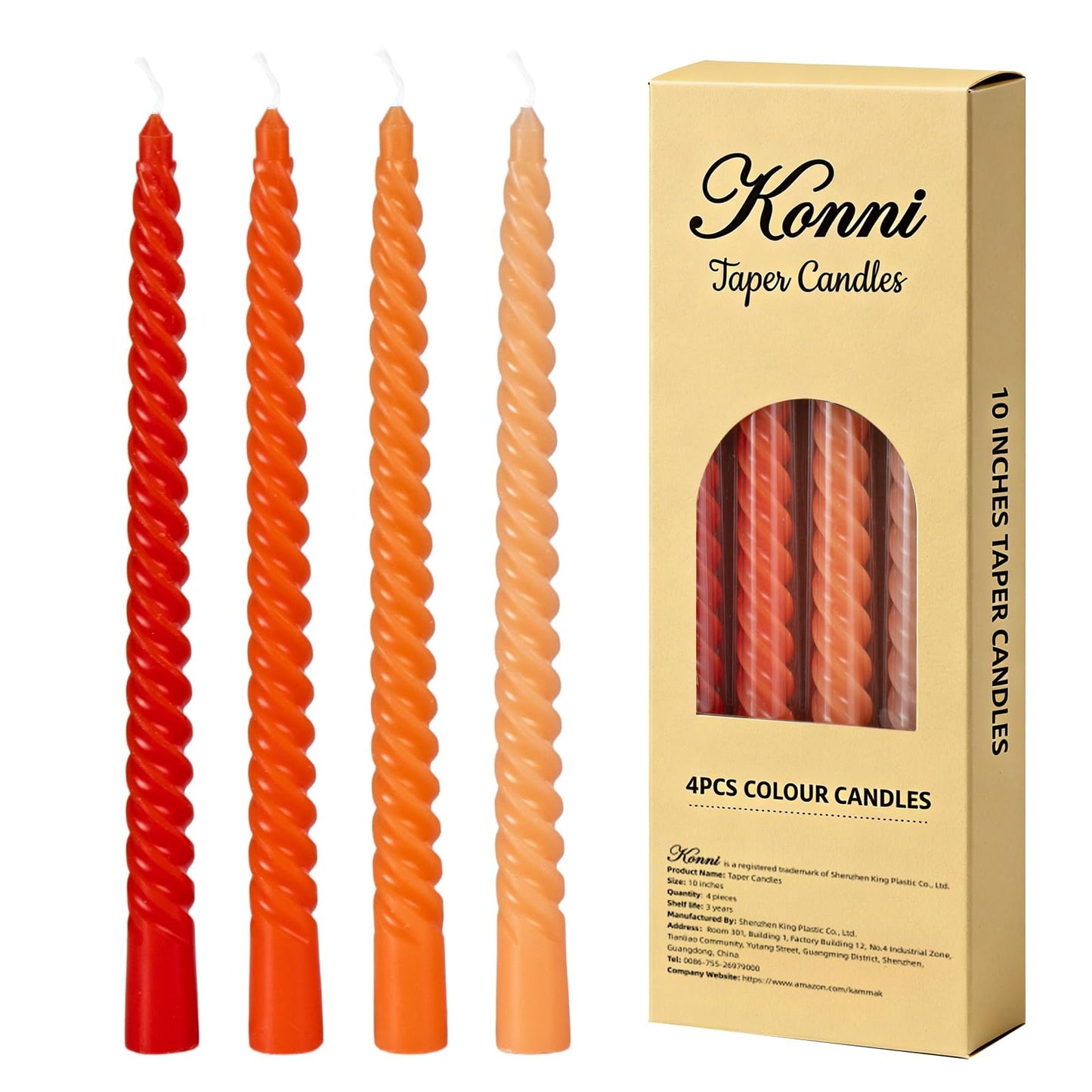 Orange Spiral Taper Candles, 10 inch Gradient Twisted Candles,4 Pack Unscented and Smokeless Long Burning Candles with Cotton Wicks,Tall Candlesticks,Ideal for Weddings, Dinner Parties, and Home Décor