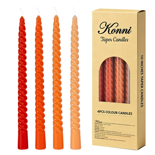 Orange Spiral Taper Candles, 10 inch Gradient Twisted Candles,4 Pack Unscented and Smokeless Long Burning Candles with Cotton Wicks,Tall Candlesticks,Ideal for Weddings, Dinner Parties, and Home Décor