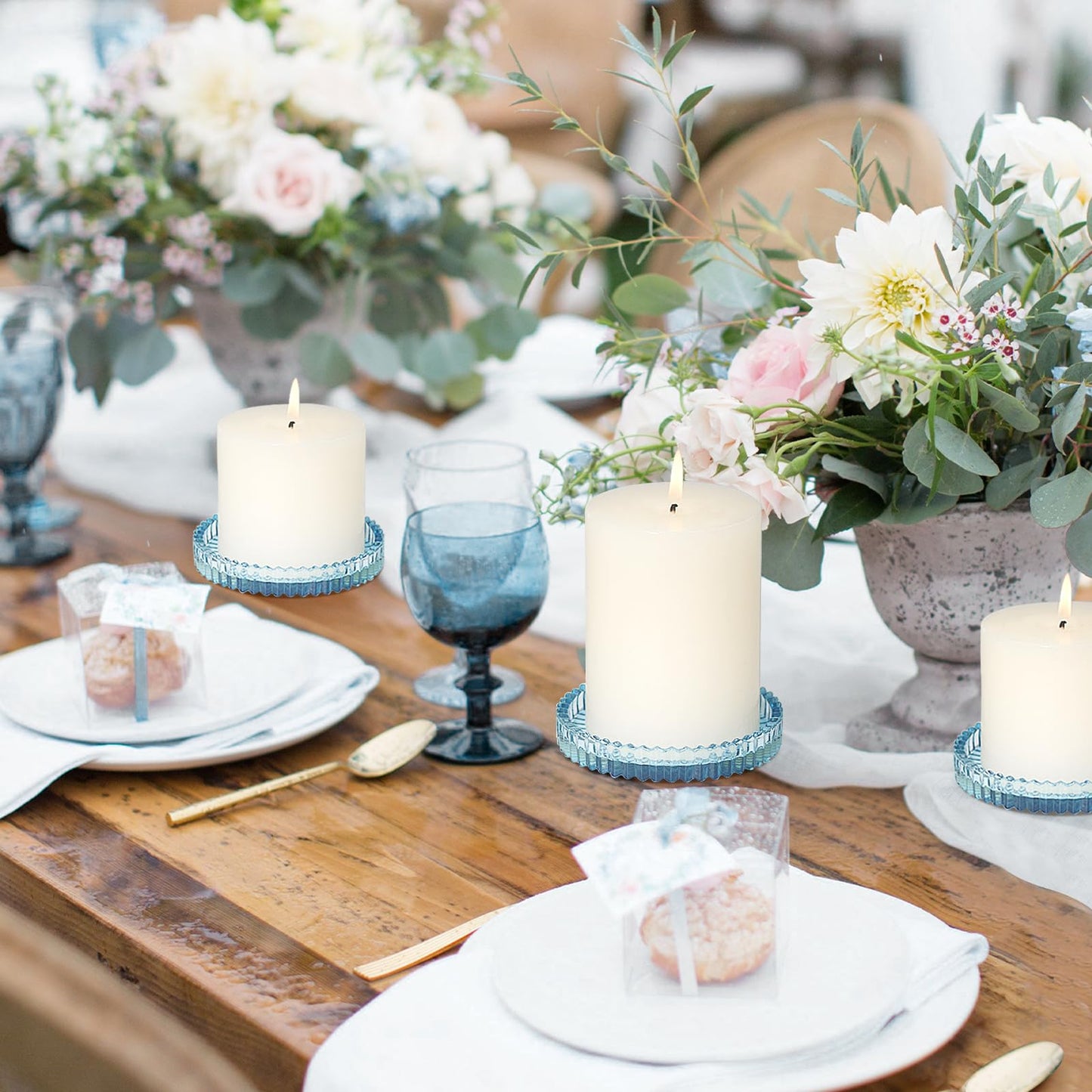 CHOCSTAY Glass Pillar Candle Holder, 4" Blue Candle Plates Set of 6, Glass Candle Holders for Wedding, Party, Holiday, Home Decor, Table Centerpiece
