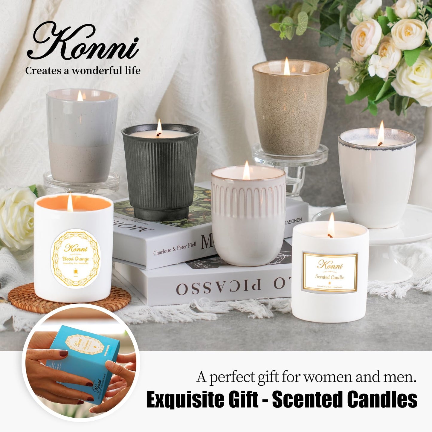 Scented Candle, 8oz White Soy Candles, Lavender Scented Candles for Women & Men, Long-Lasting Aromatherapy Jar Candle Wax for Home, Bathroom, Non Toxic Candle Gift (Black Ceramic Cup 14)