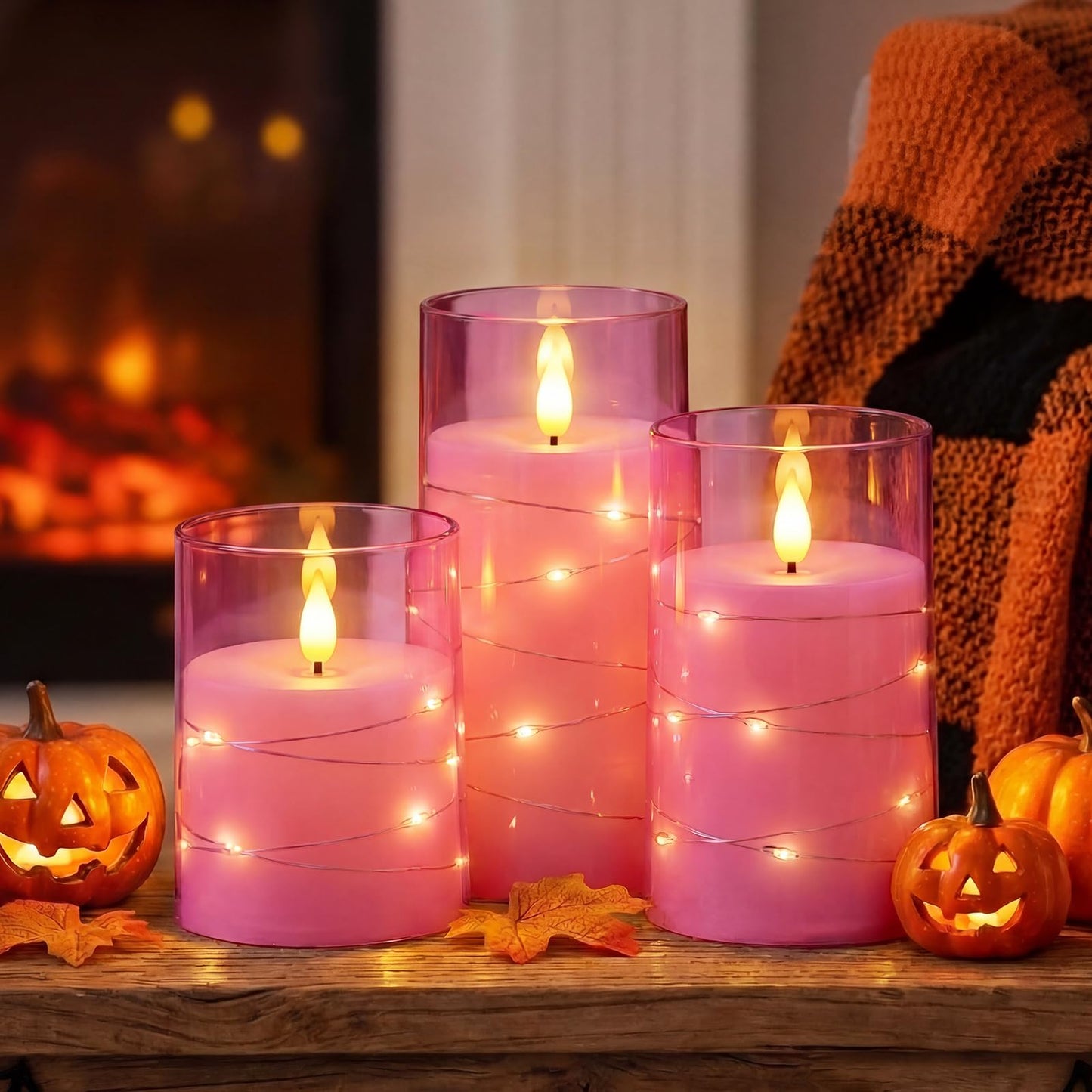 Homemory Flameless Pink Candles with Embedded Star String Fairy Lights, Battery Operated Candles, LED Candle, Fake Candles with Remote Control and Timer, Set of 3(H 4" 5" 6”)