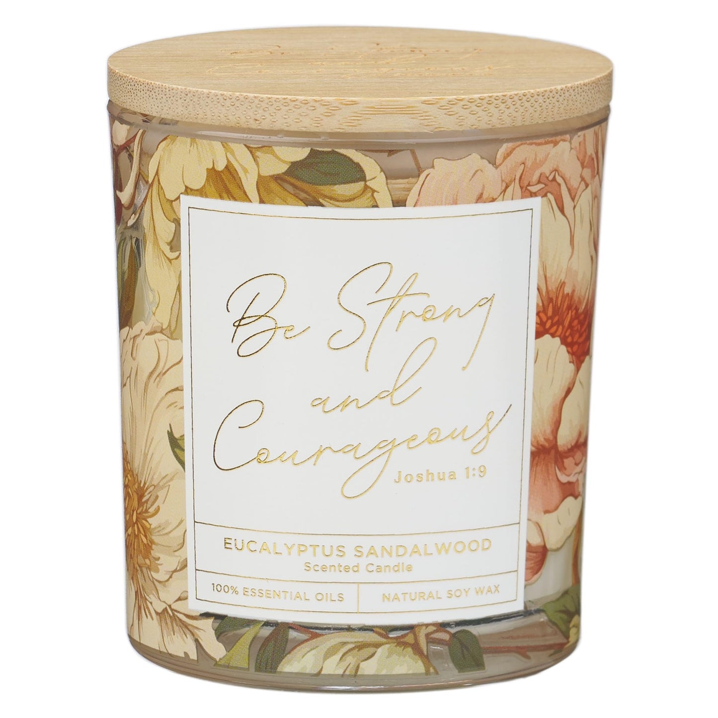 Christian Art Gifts Soy Wax Scented Candle: Joshua 1:9 Bible Verse, Eucalyptus Sandalwood Scent, Pure Essential Oils, 4.5 oz, Up to 20 Hours Burn Time, Glass Jar w/Bamboo Lid, Encouragement Gift