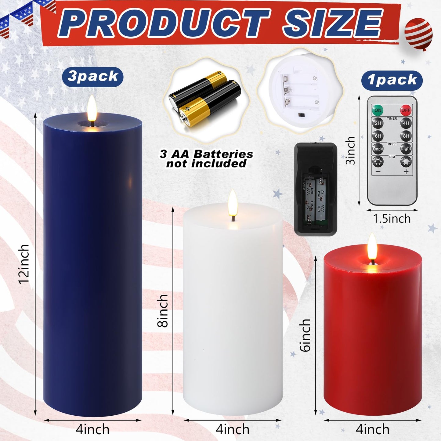 Retisee 3 Pcs 250th Anniversary Large Flameless LED Candles with Remot & Timer, 4th of July Red White Blue Battery Operated Wax Pillar Candles for USA American Patriotic Party Decorations