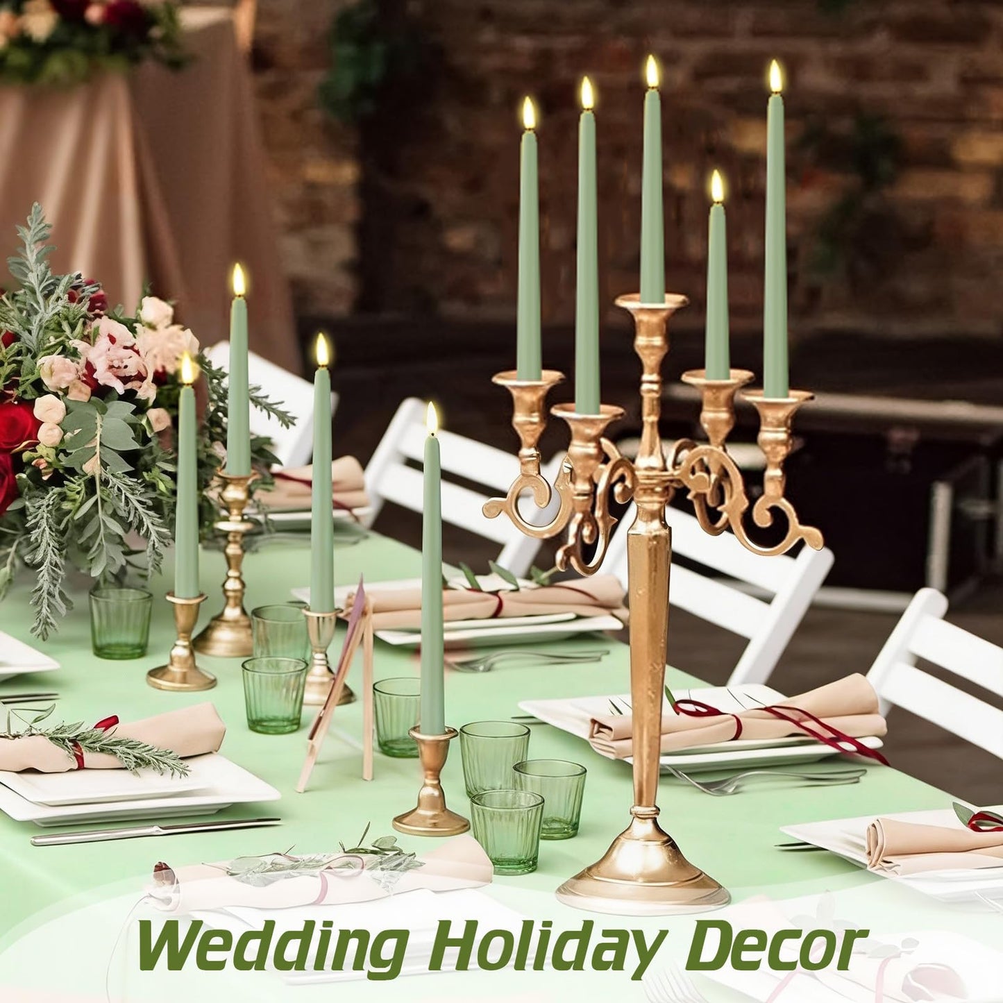 Rossesay 24 Pcs Flameless LED Taper Candles Battery Operated Candle 8.5", 9.65", 10.8", 12.8" Flameless Candlesticks Flickering for Christmas Church Wedding Indoor Decoration(Classic, Rat Tail Green)