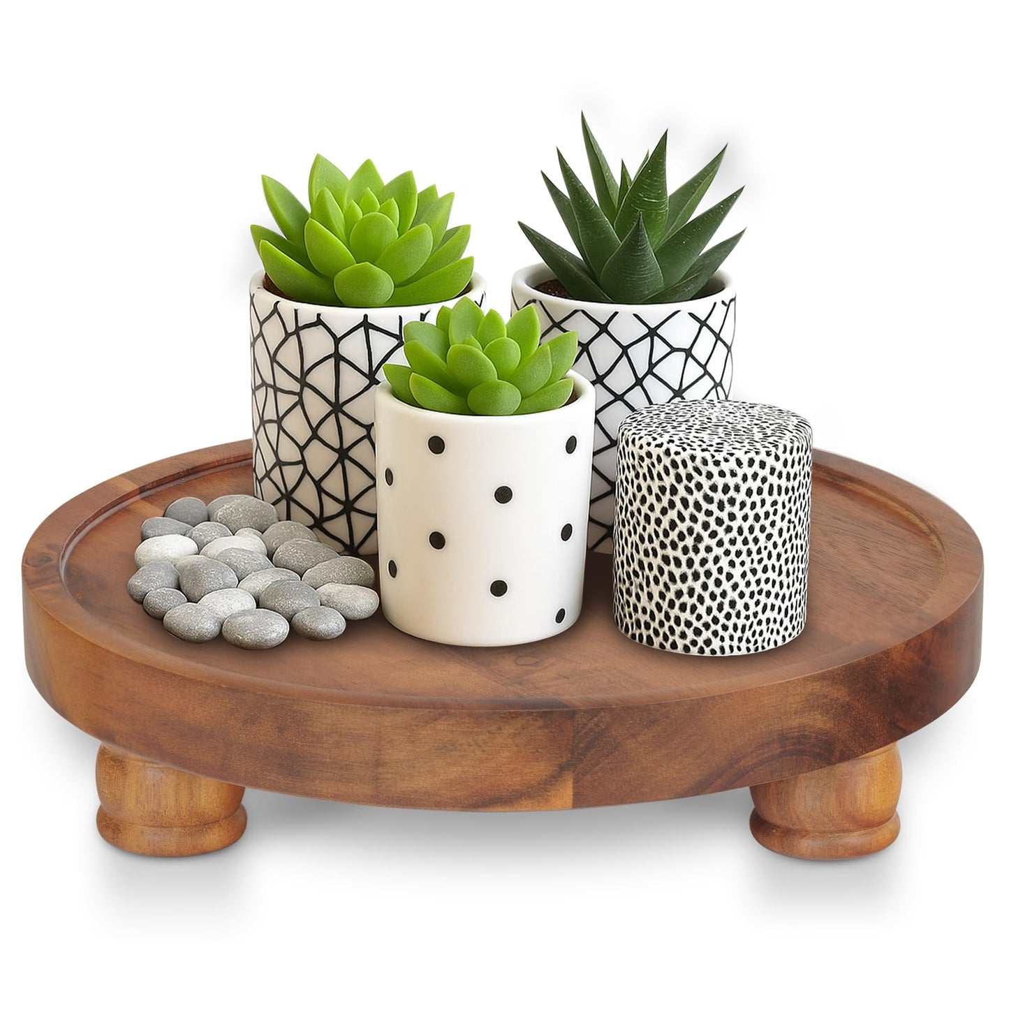 Demigo 10" Acacia Wood Round Tray - Decorative Plant Stand, Farmhouse Countertop Organizer, Multi-Purpose Display Pedestal, Riser Board for Soap, Perfume, Candles, Sponge, Bathroom, Kitchen