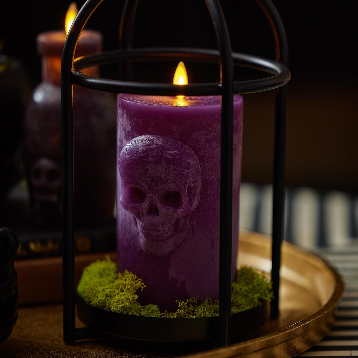 Luminara Chalky Skull LED Candle, Imperial Purple, Moving Flame, Gothic Halloween Decor, Battery Operated Flameless Unscented Wax Timer Indoor